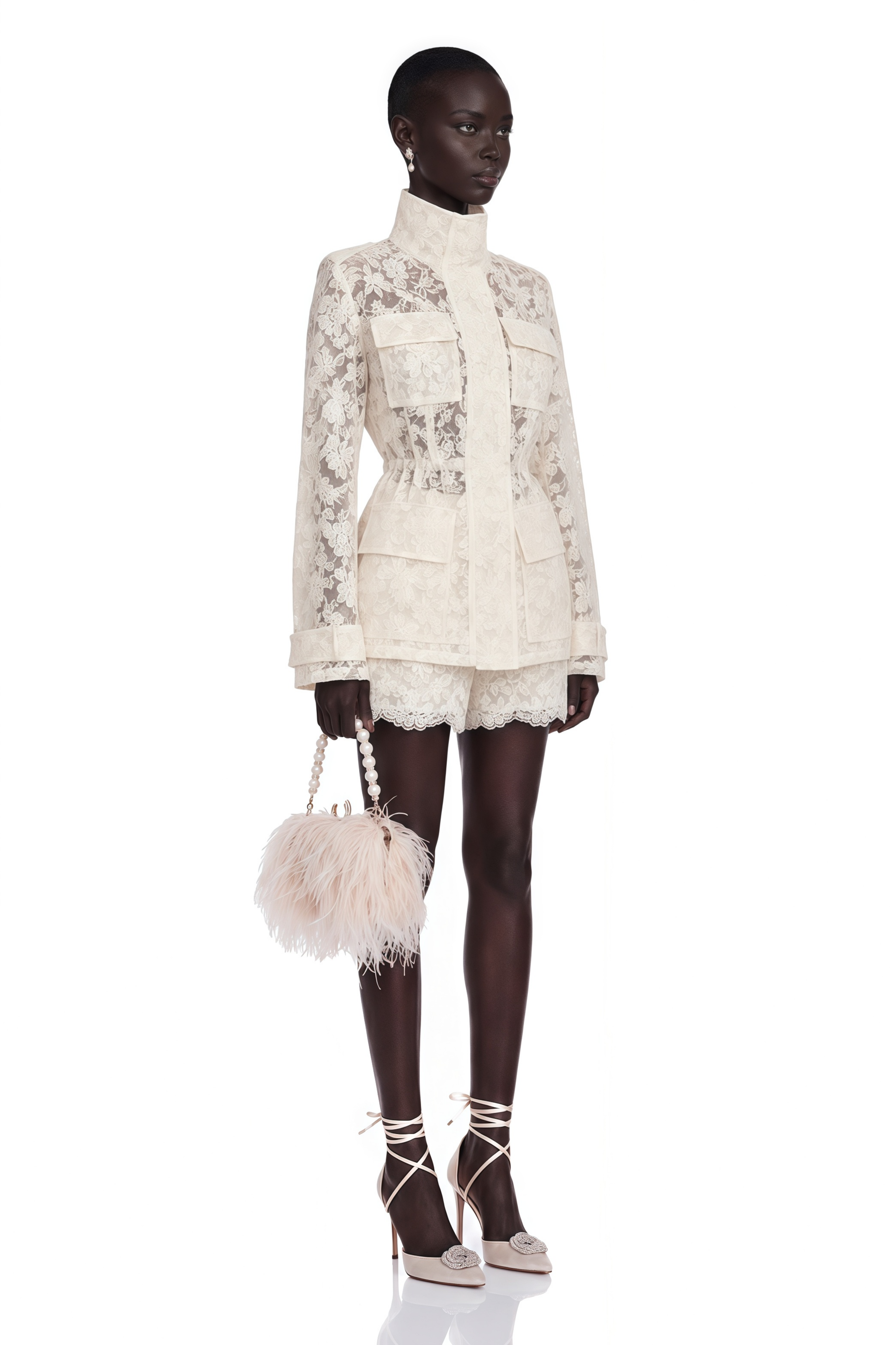 Ivory sheer floral lace high-neck utility jacket with matching lace shorts