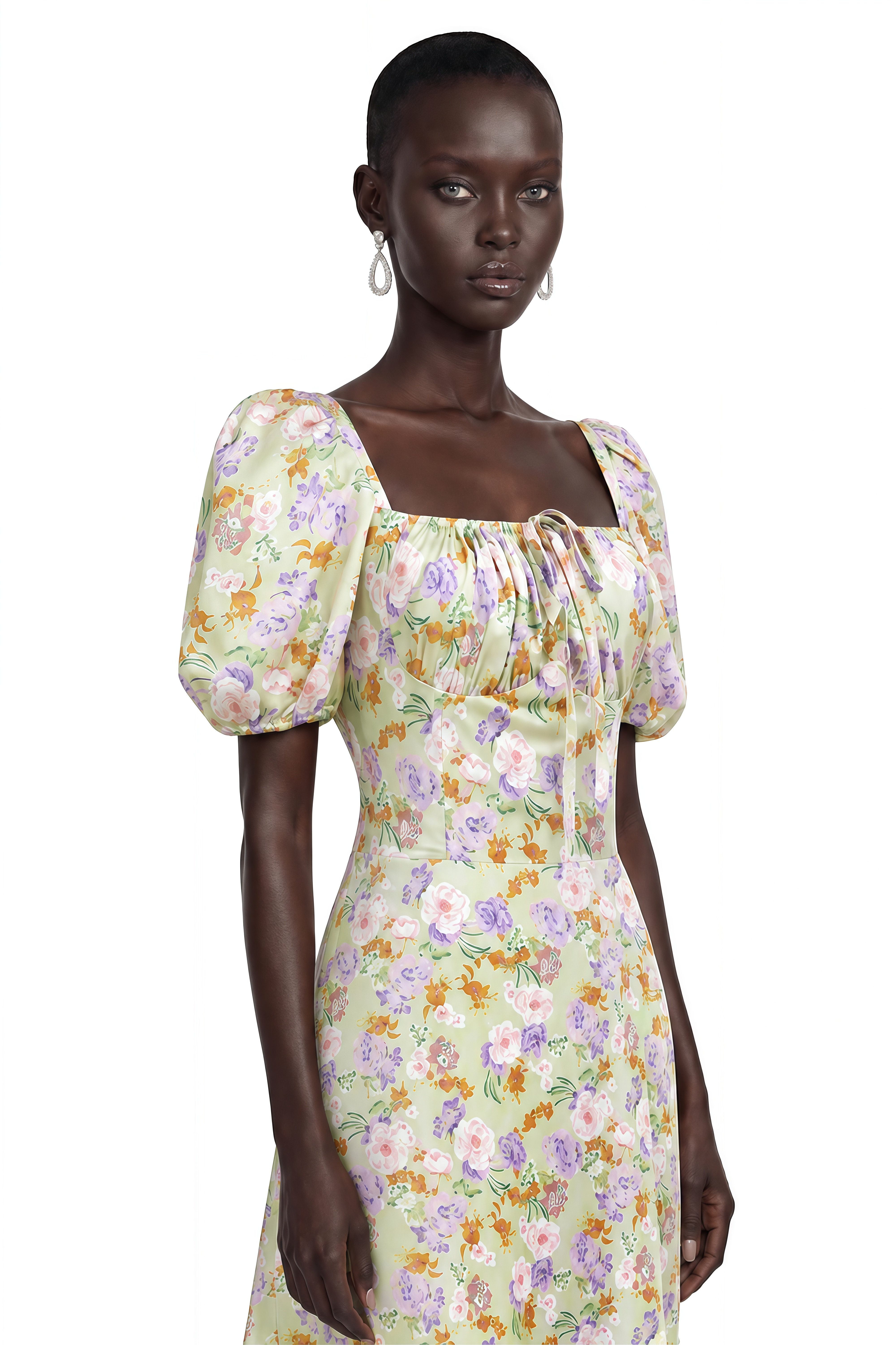 Laurel Green Floral Print Puff Sleeve Midi Dress