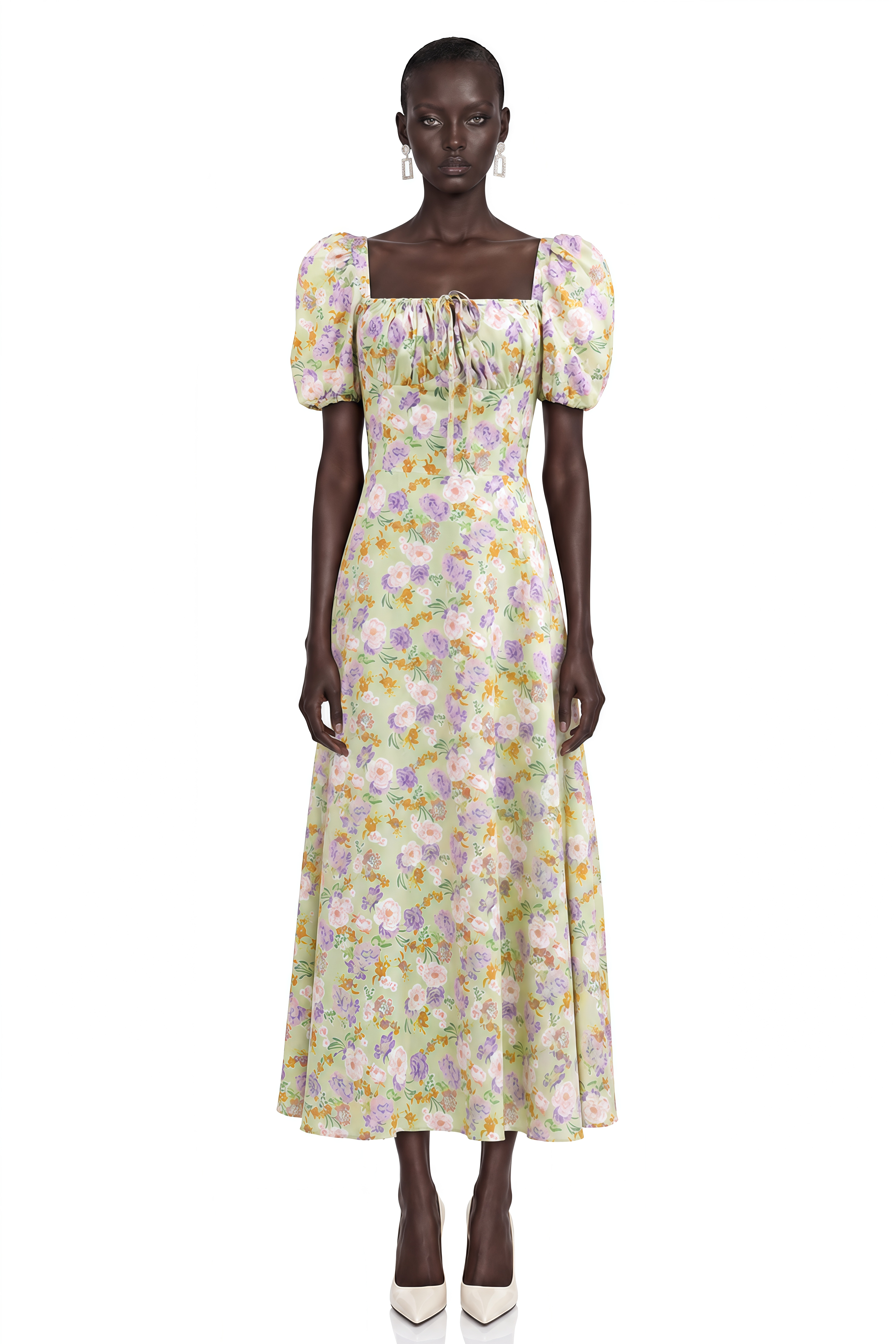 Laurel Green Floral Print Puff Sleeve Midi Dress