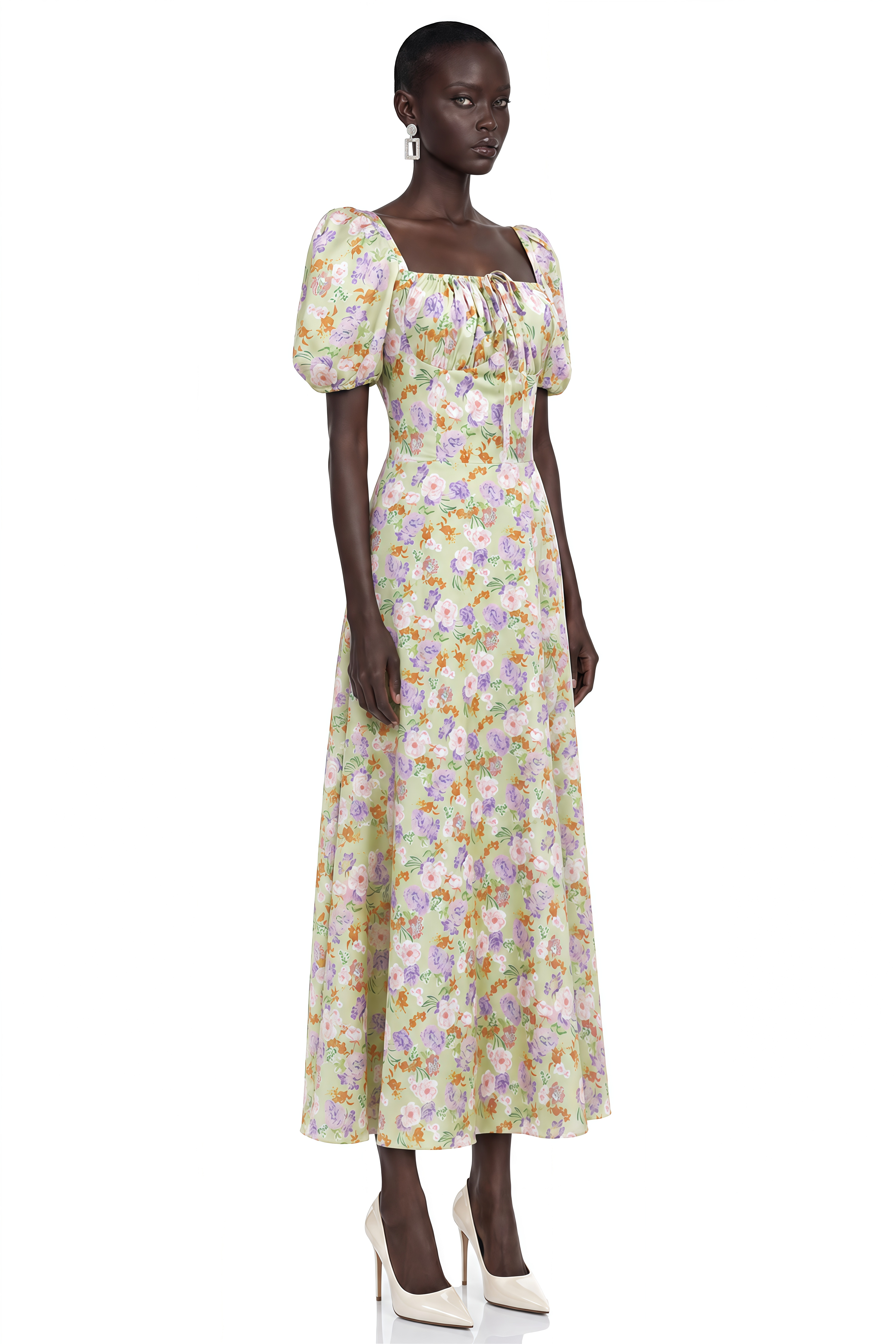 Laurel Green Floral Print Puff Sleeve Midi Dress