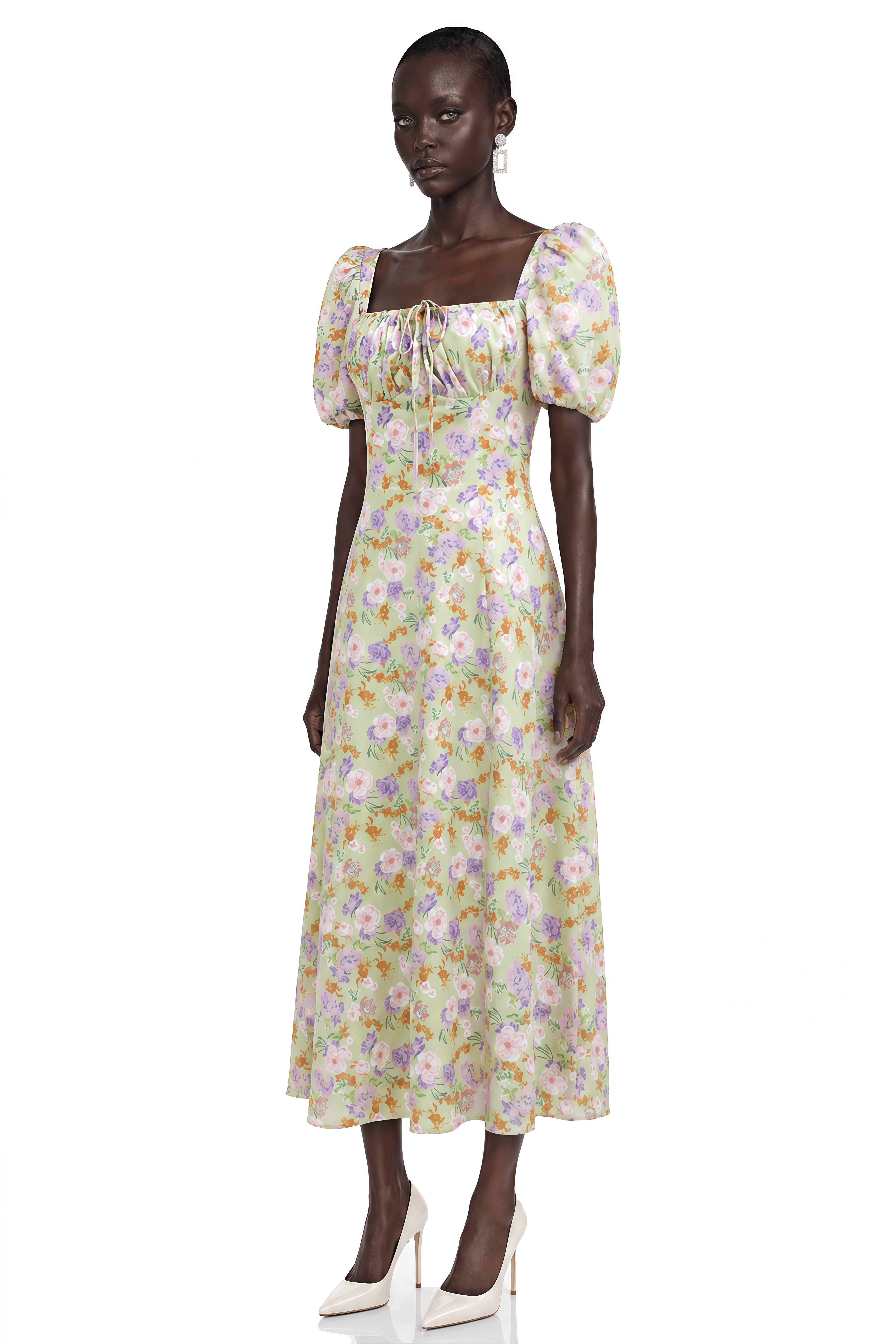 Laurel Green Floral Print Puff Sleeve Midi Dress
