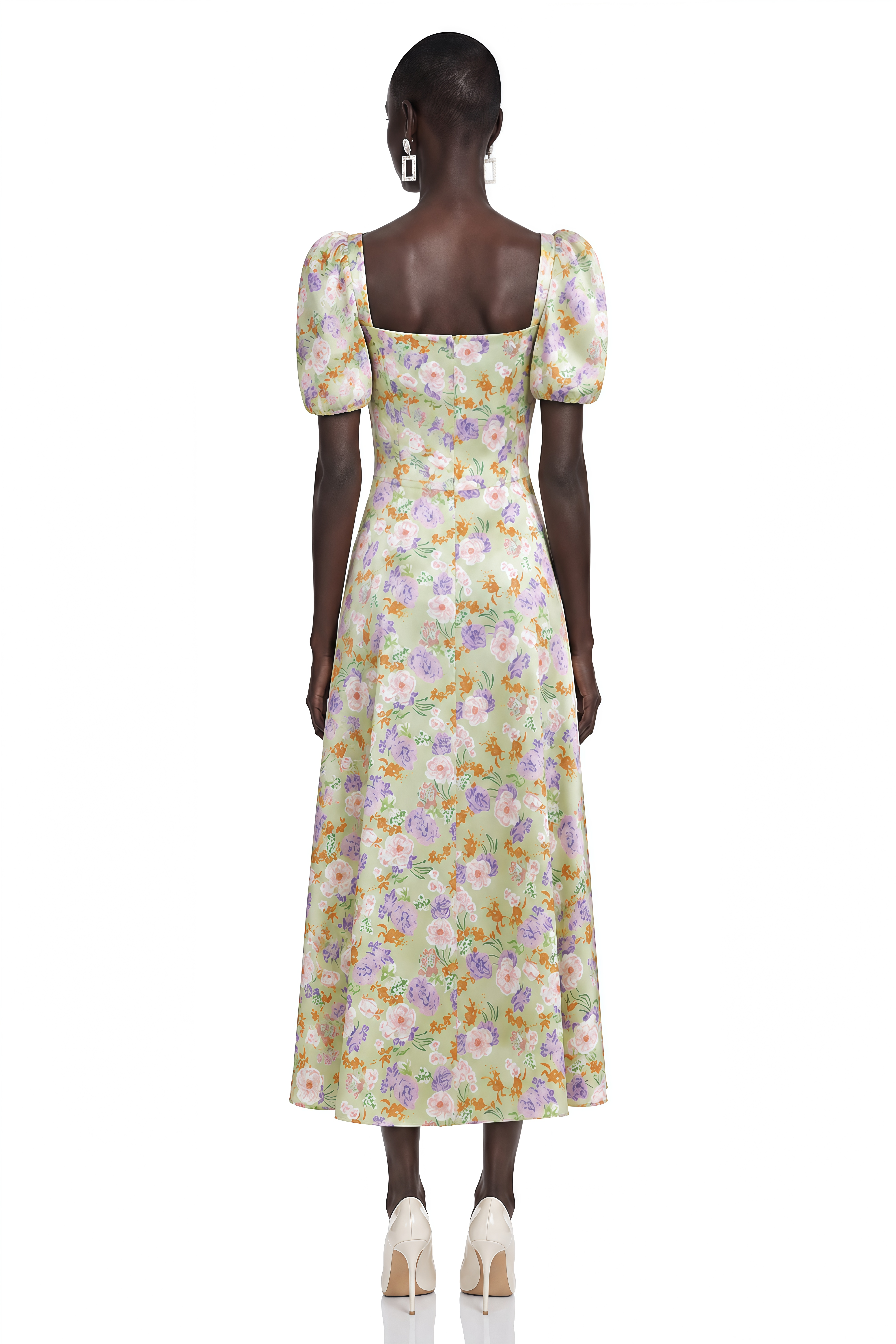 Laurel Green Floral Print Puff Sleeve Midi Dress