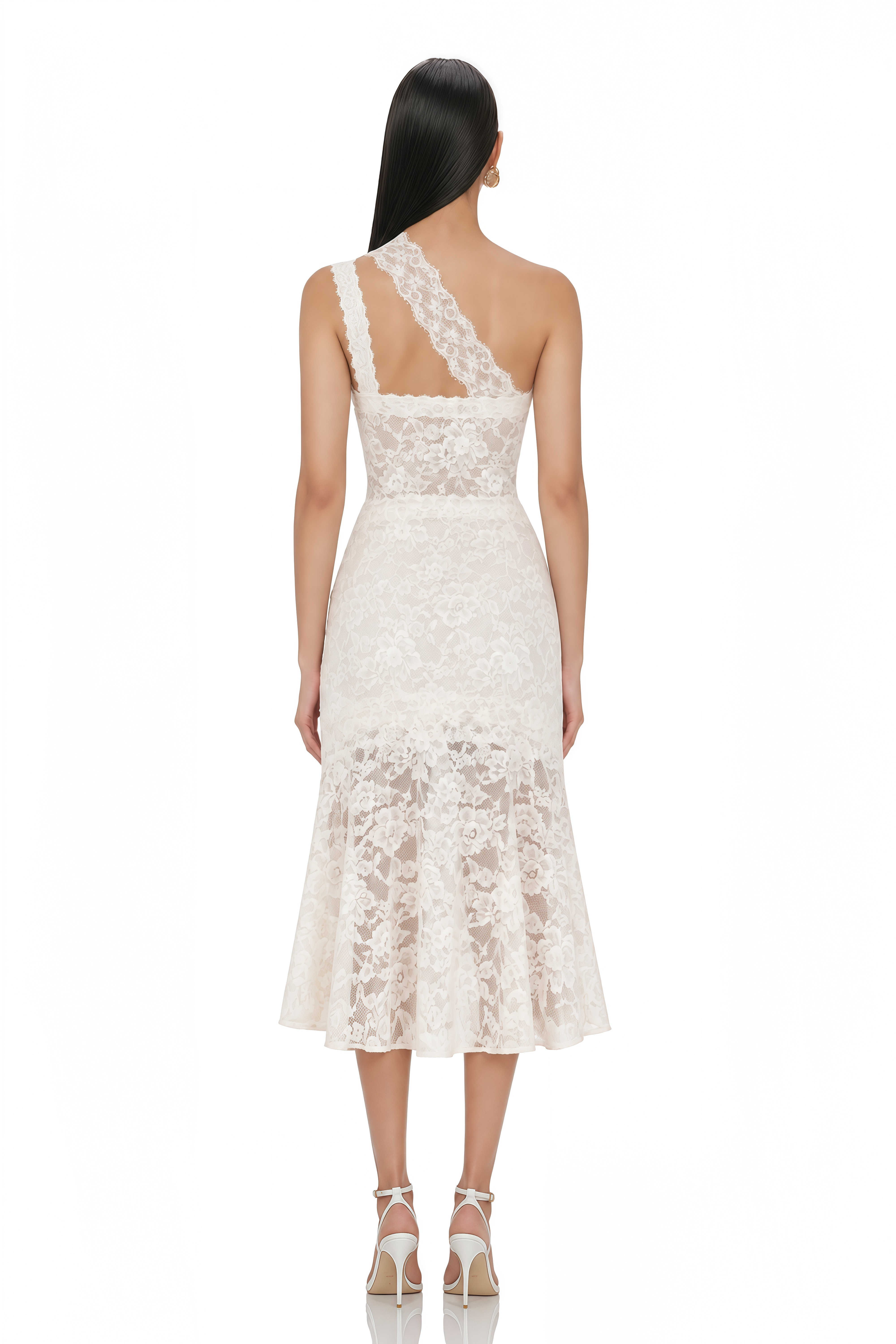 Laurie White One-Shoulder Lace Cut-Out Midi Dress