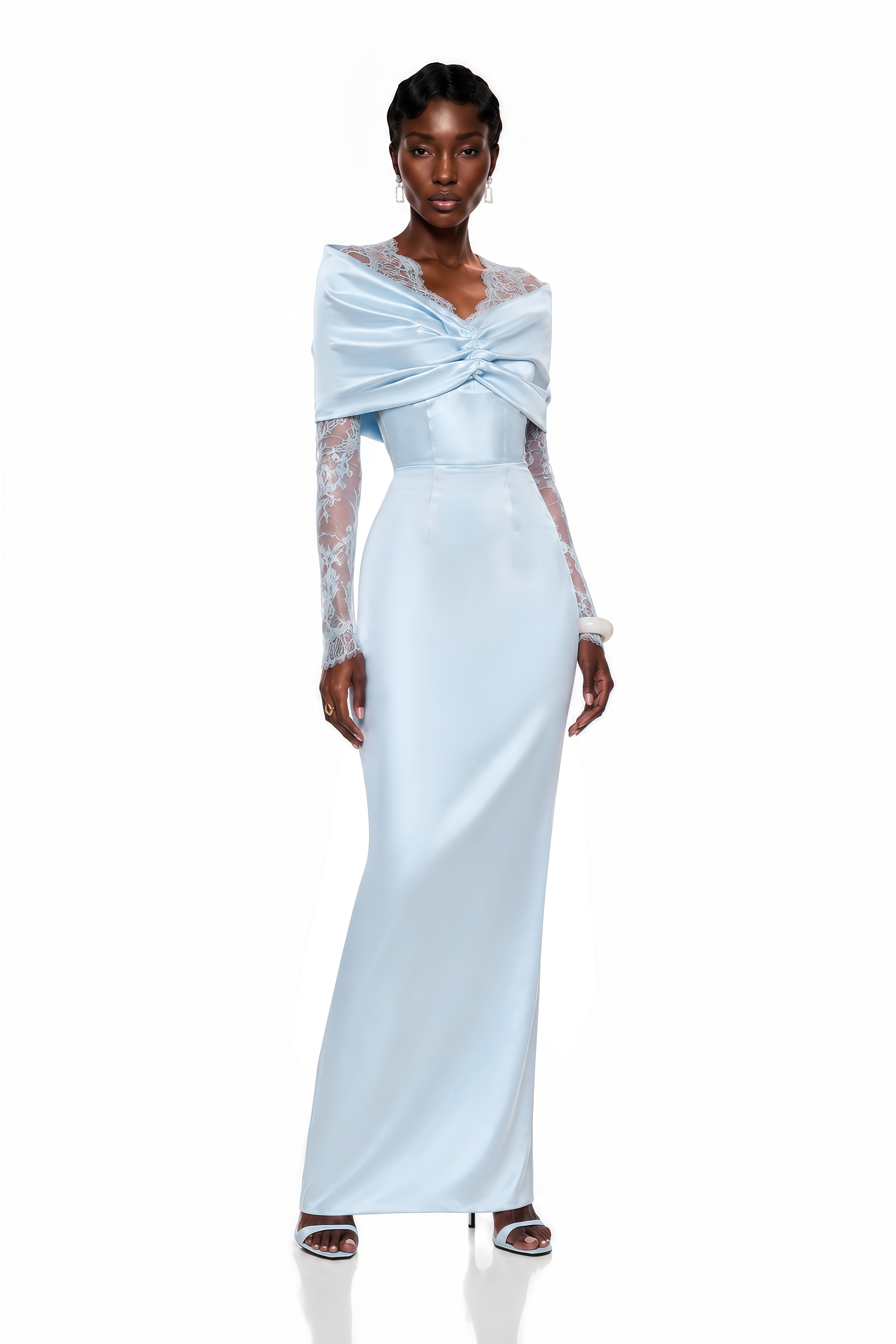 Light blue satin maxi dress with long lace sleeves and a draped bodice