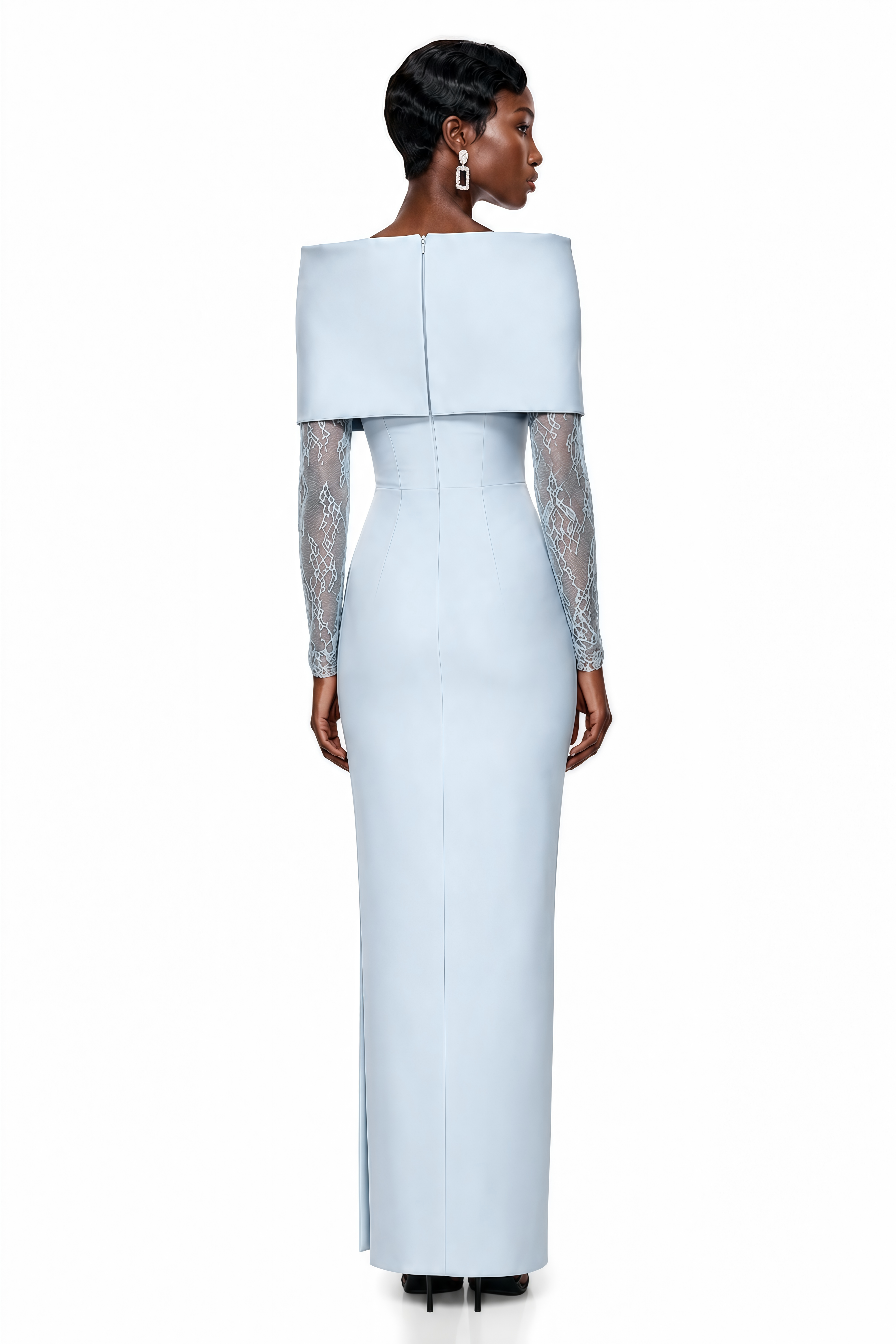 Light blue satin maxi dress with long lace sleeves and a draped bodice