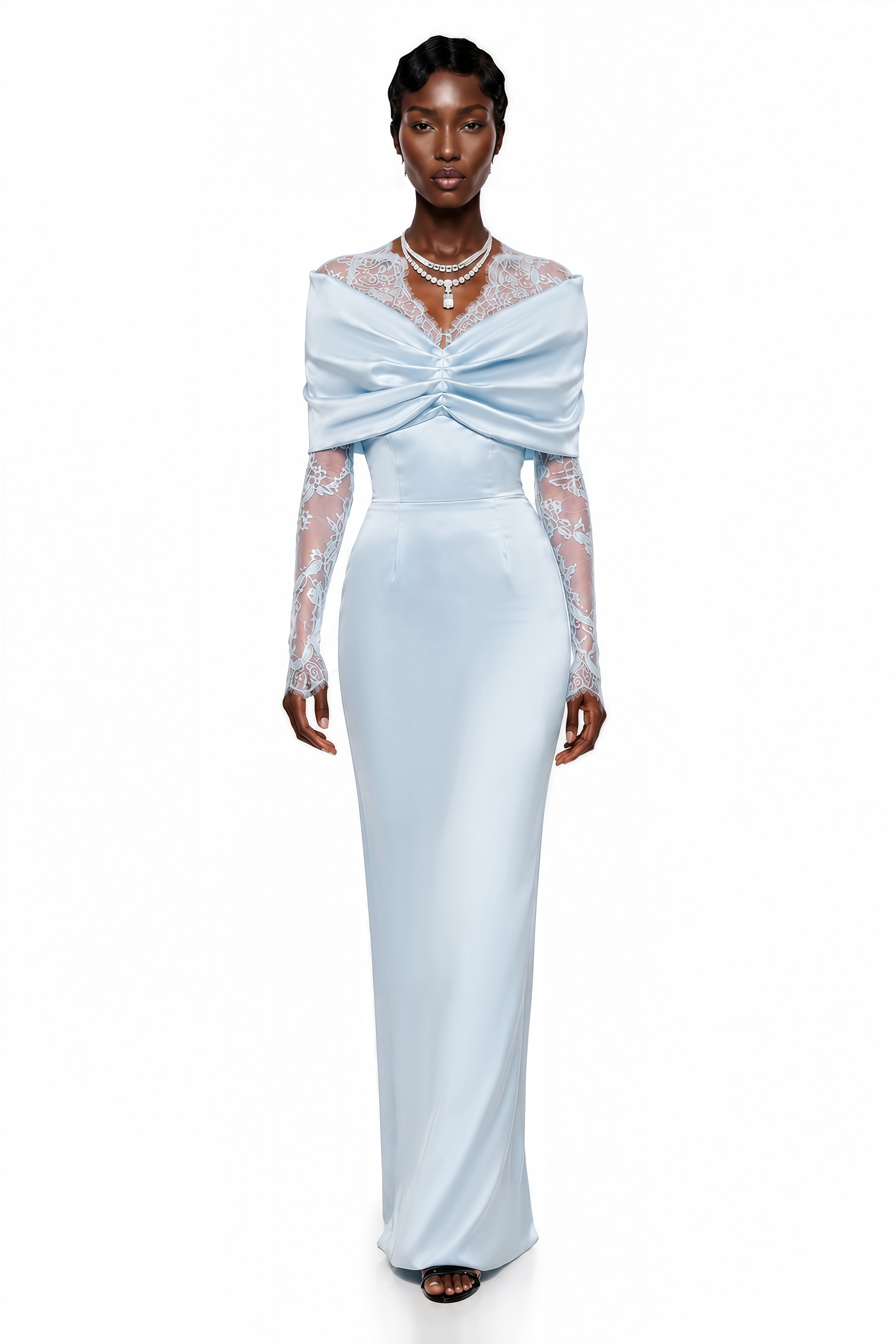 Light blue satin maxi dress with long lace sleeves and a draped bodice