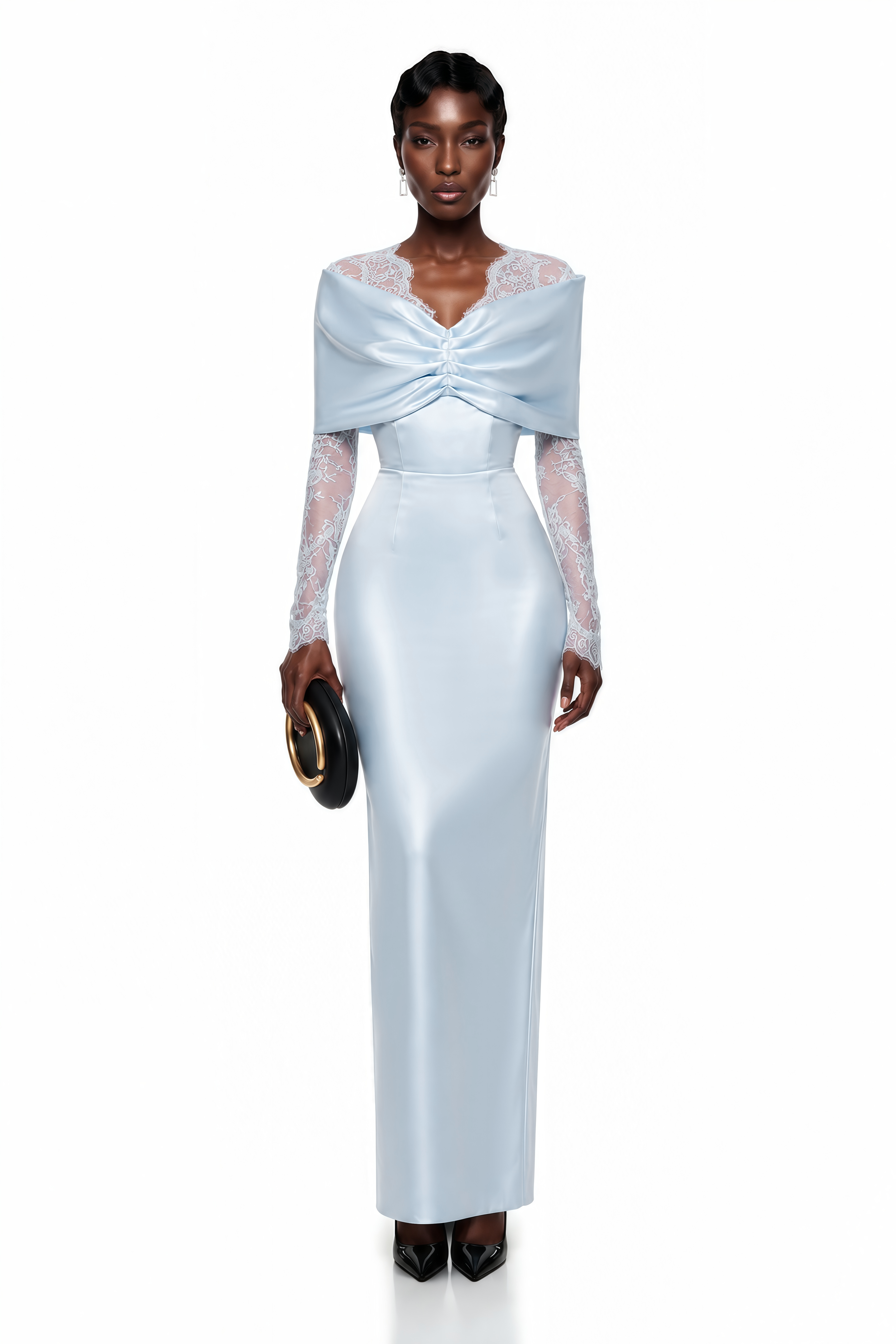 Light blue satin maxi dress with long lace sleeves and a draped bodice