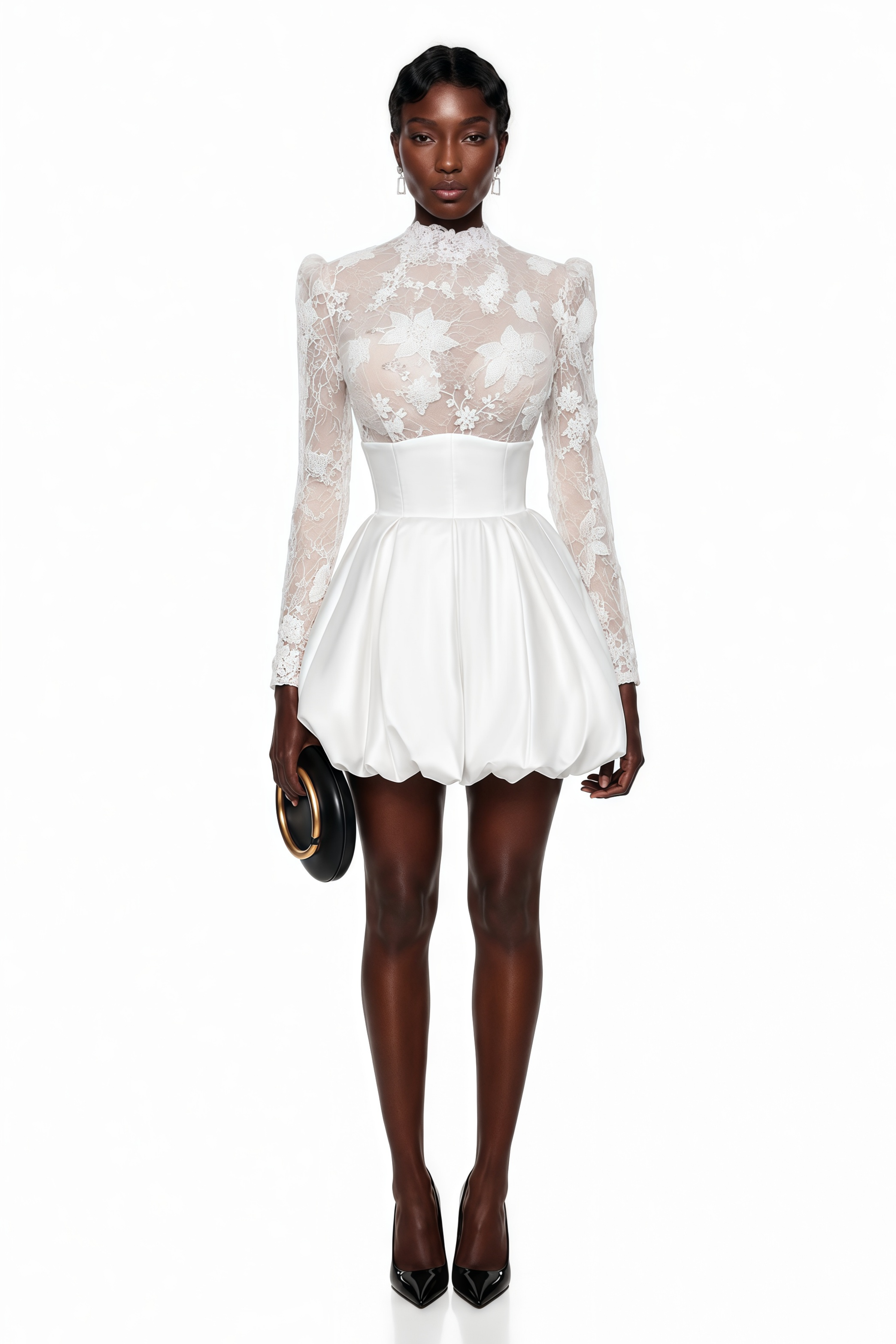 White mini dress featuring a sheer floral lace mock-neck bodice and a structured satin bubble skirt