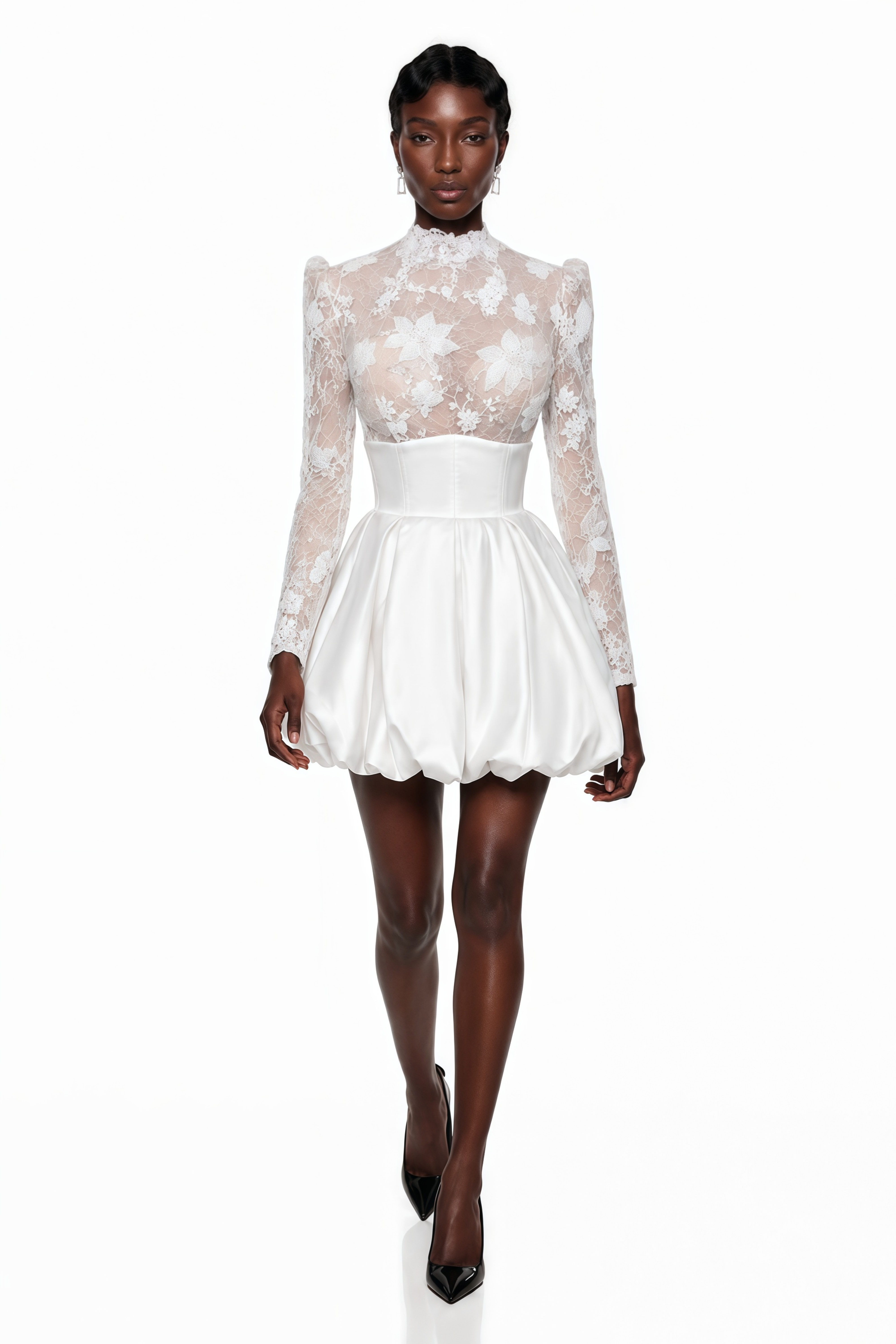 White mini dress featuring a sheer floral lace mock-neck bodice and a structured satin bubble skirt