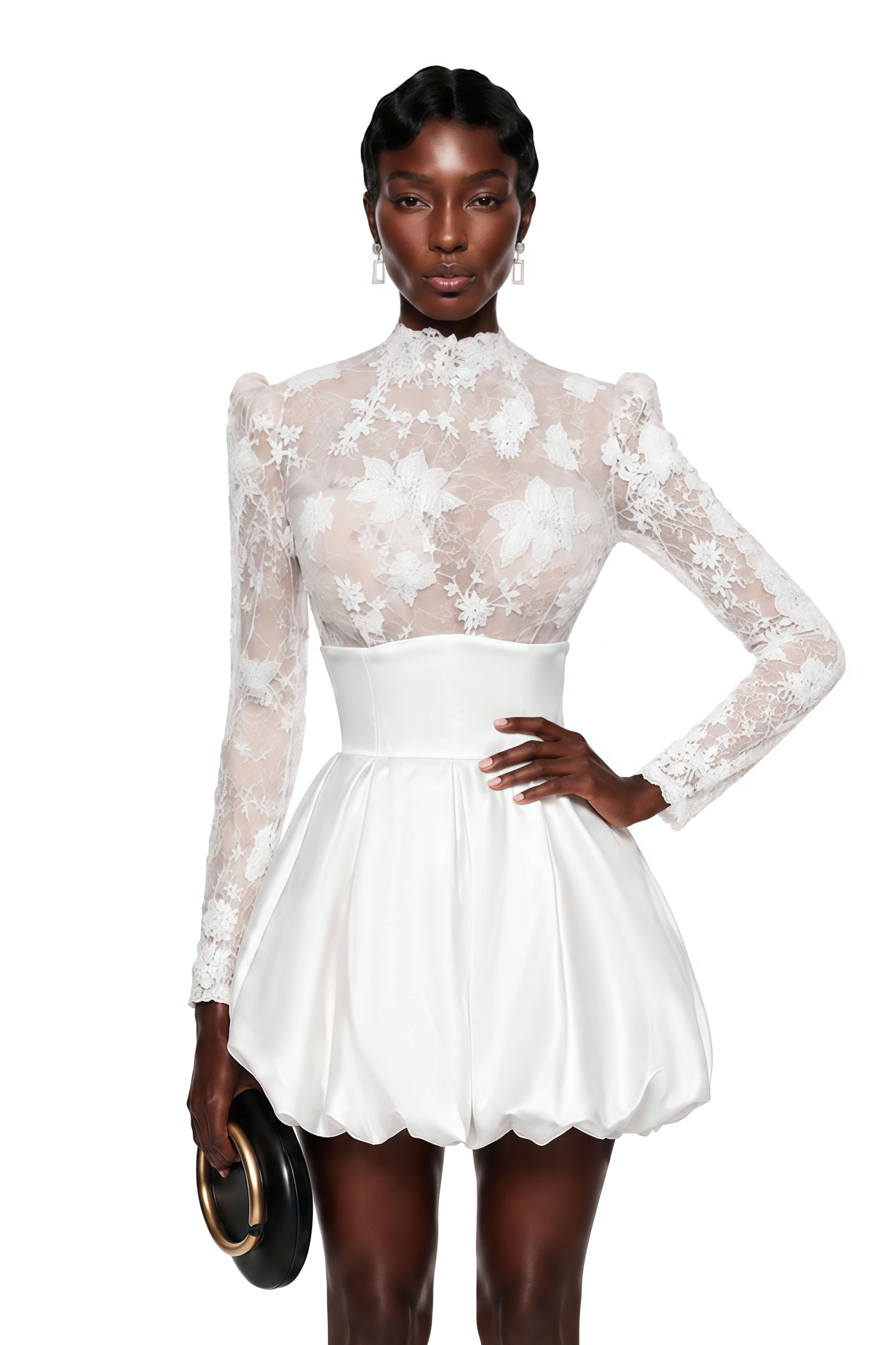 White mini dress featuring a sheer floral lace mock-neck bodice and a structured satin bubble skirt