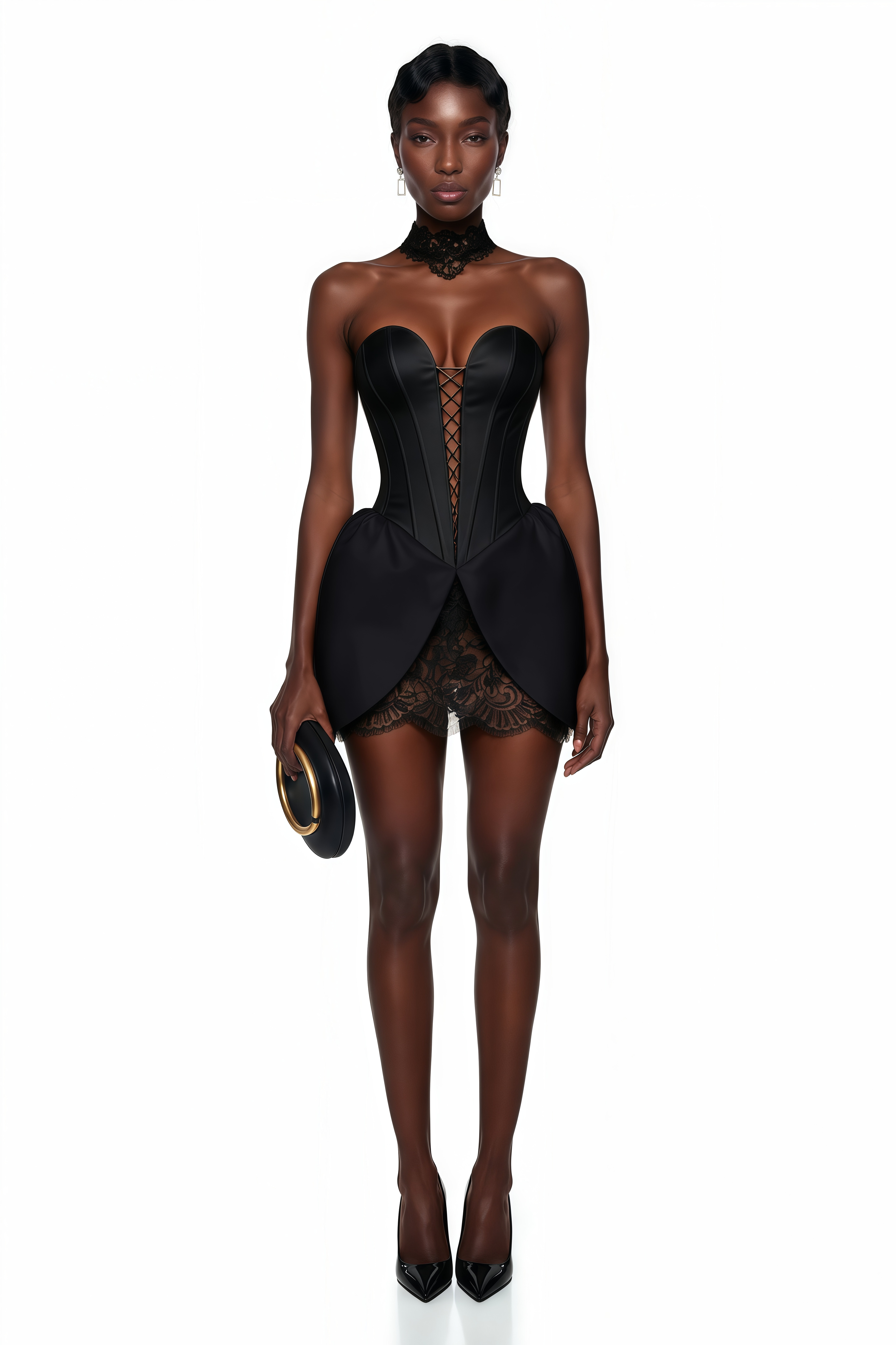 Black strapless corset mini dress with a lace-up front