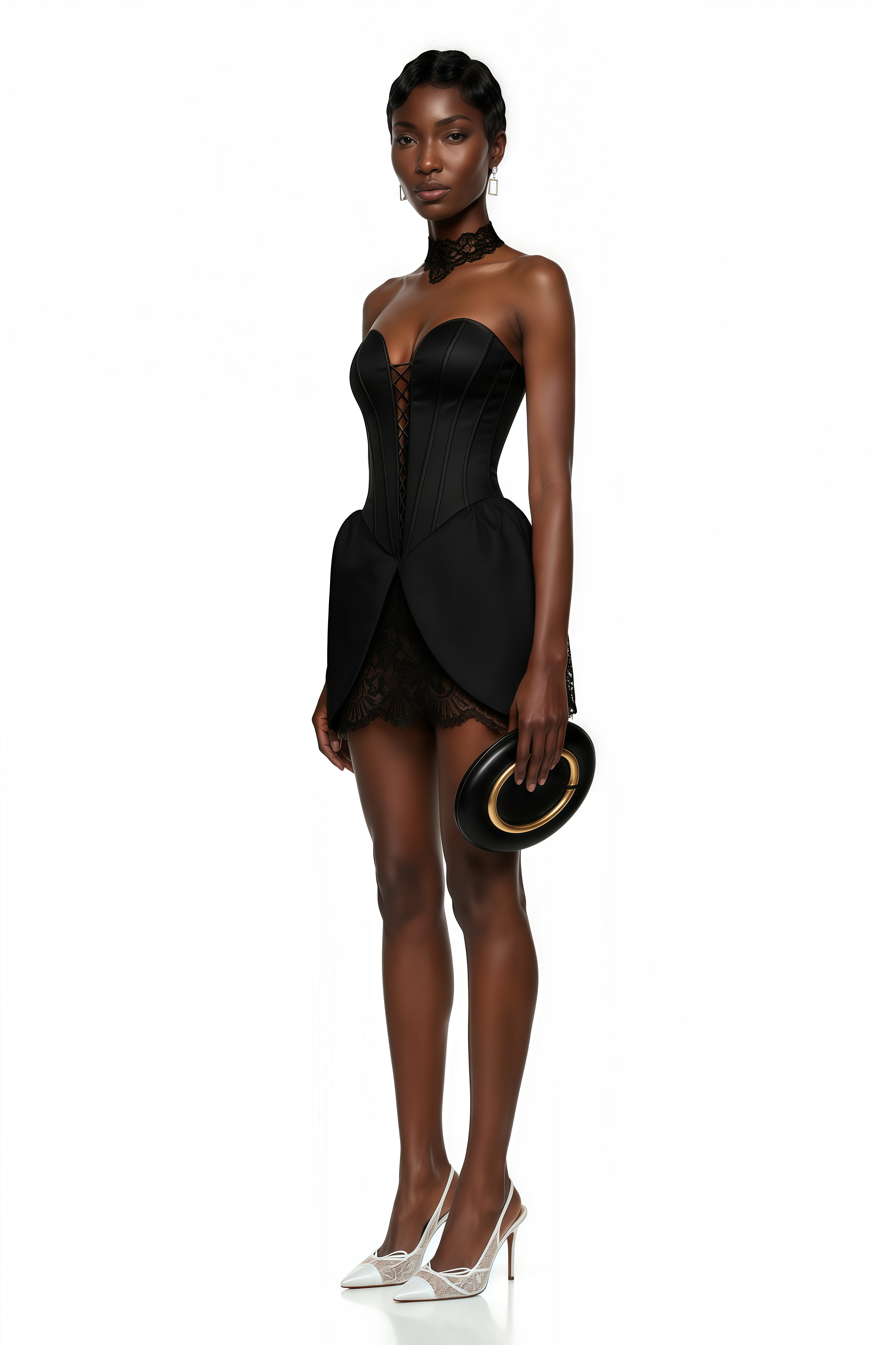 Black strapless corset mini dress with a lace-up front