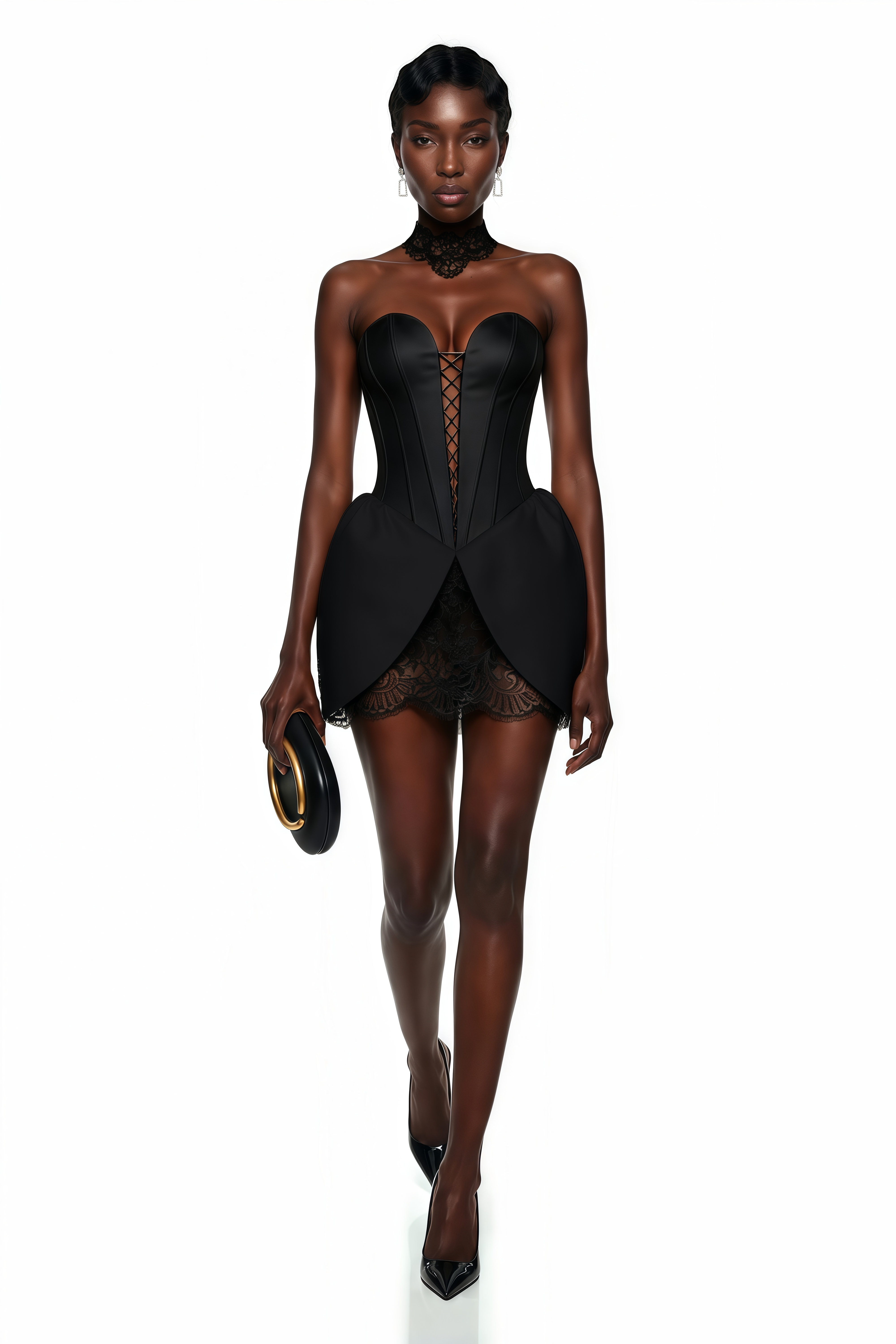 Black strapless corset mini dress with a lace-up front