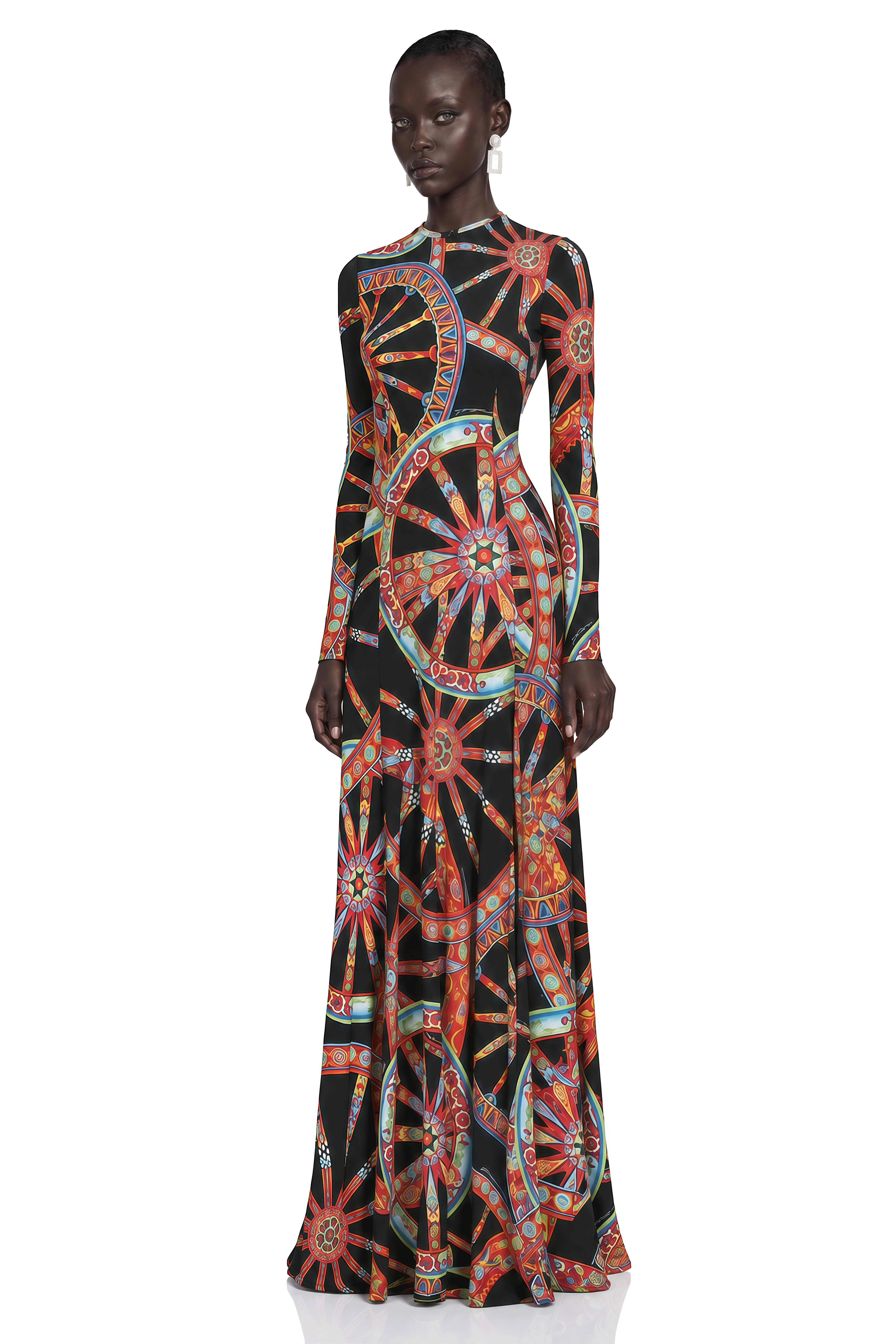 Leandra Black Abstract Print Long Sleeve Maxi Dress