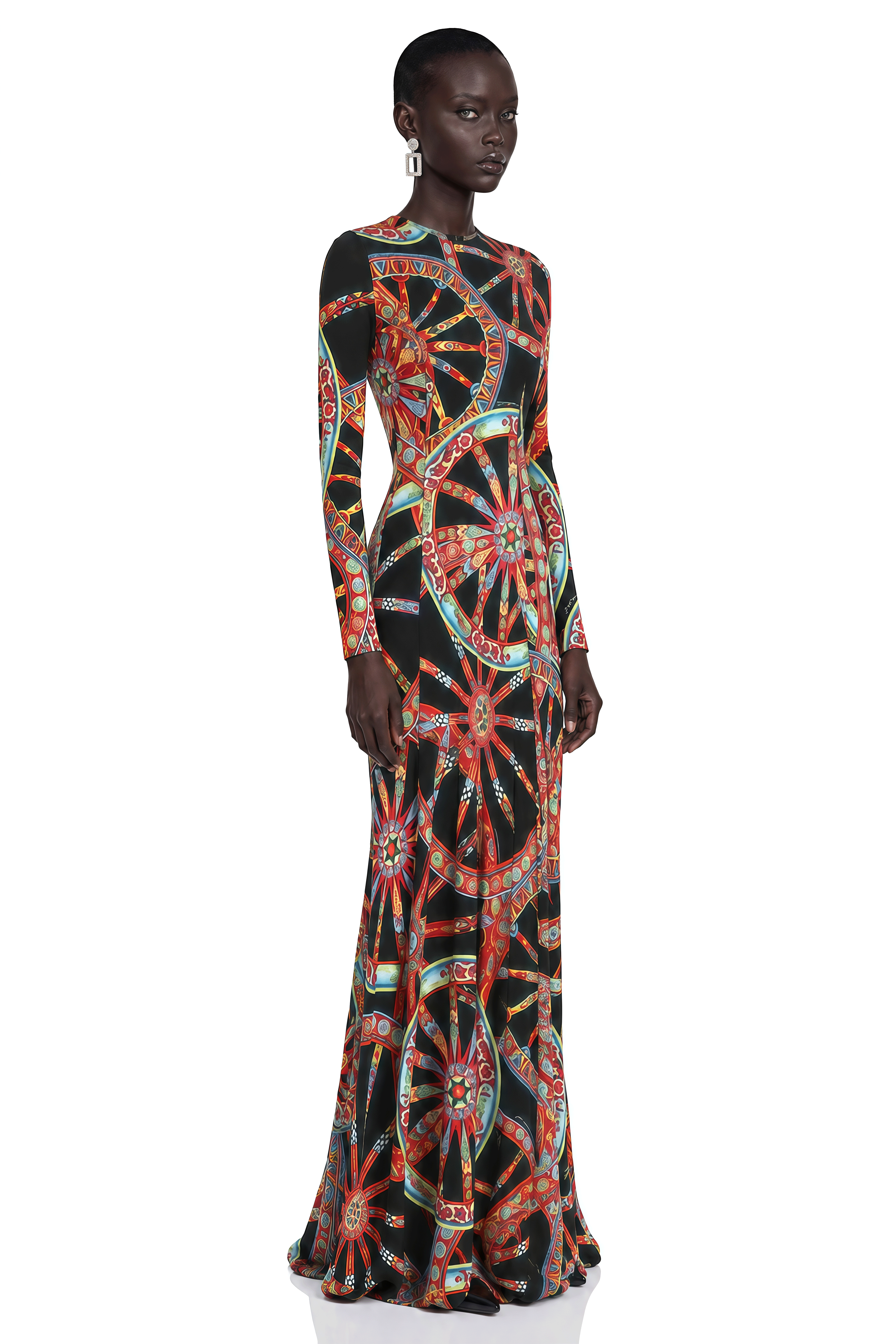 Leandra Black Abstract Print Long Sleeve Maxi Dress