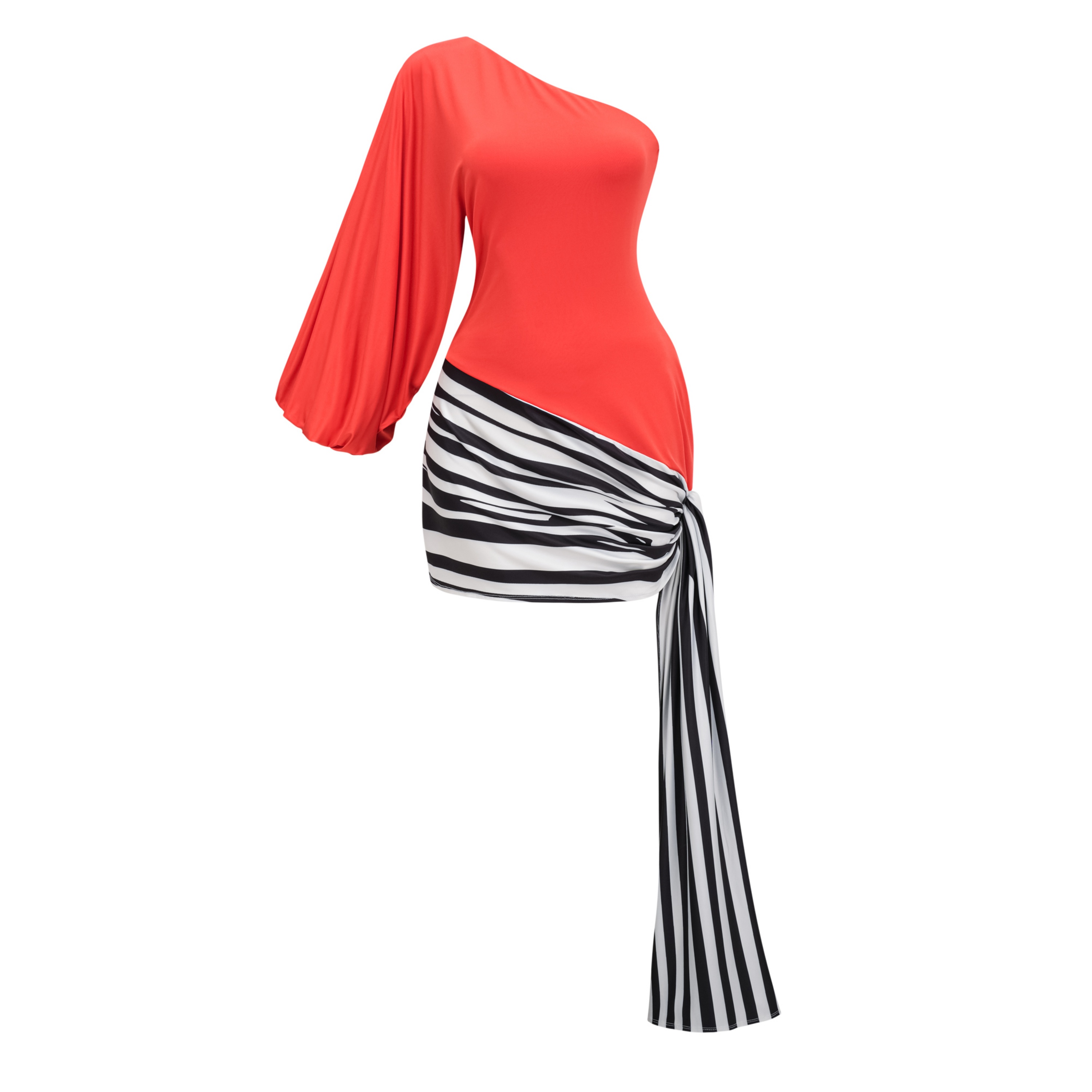 Leandra Red One Shoulder Striped Draped Mini Dress