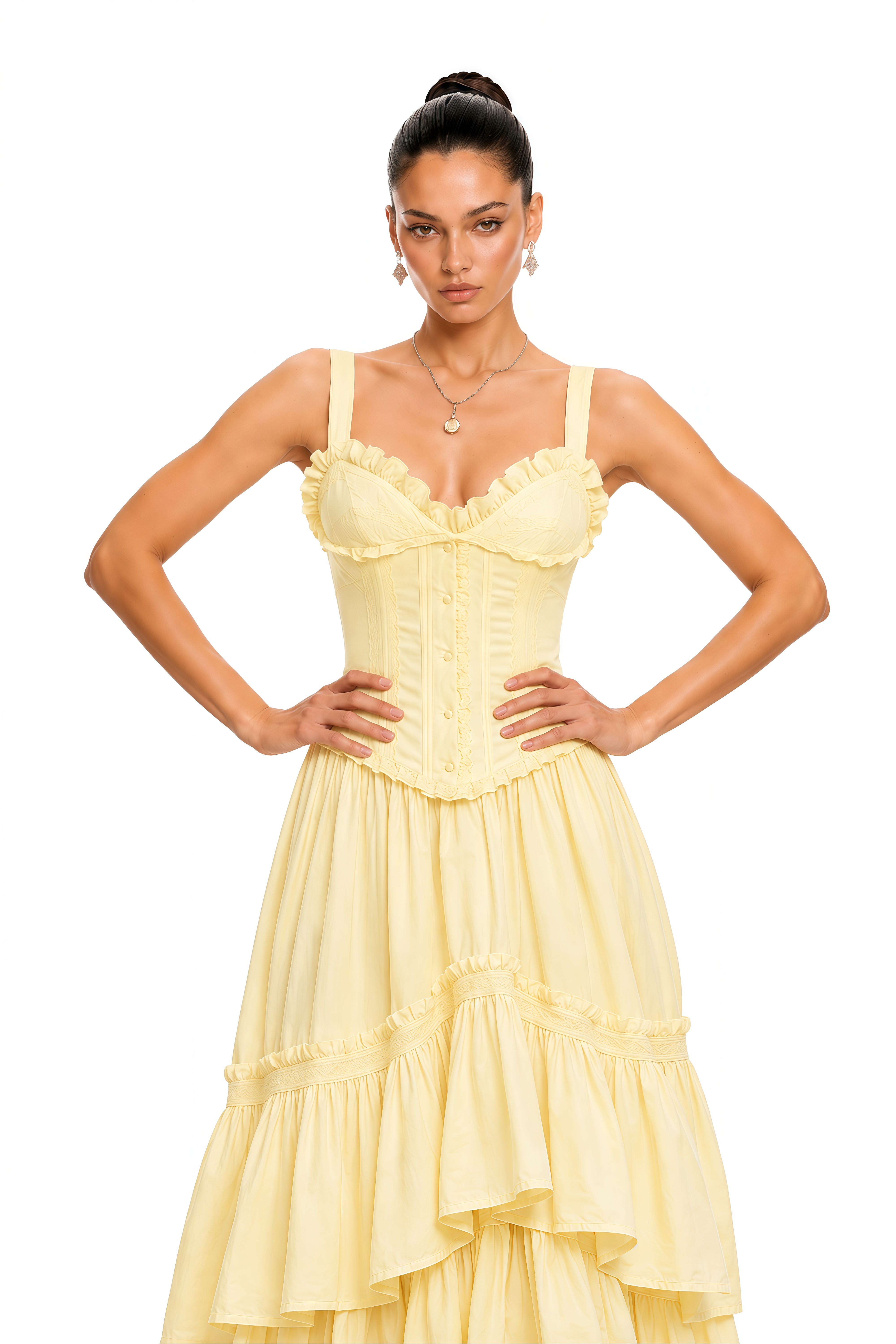 Leighton Yellow Layered Ruffle Midi Dress