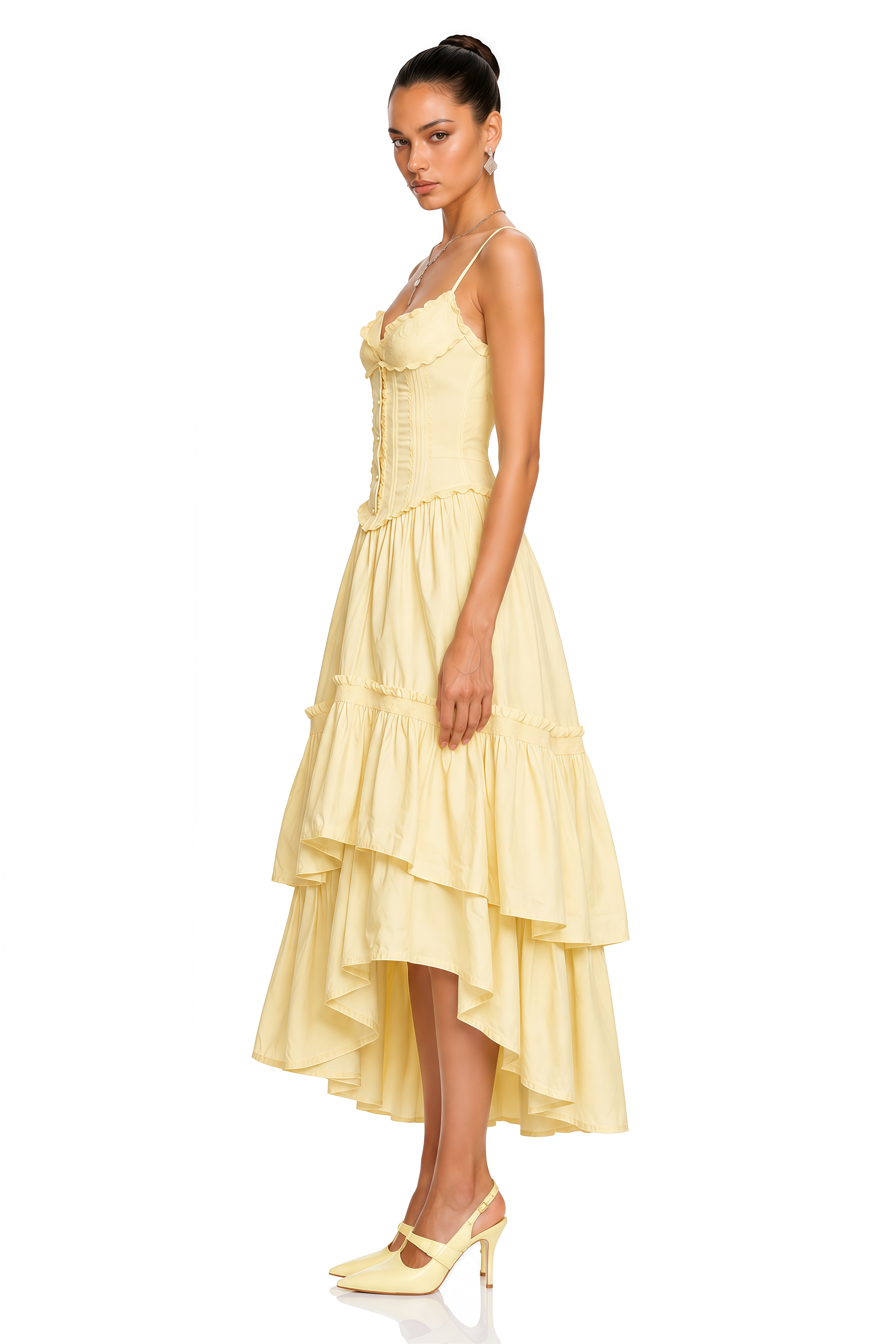Leighton Yellow Layered Ruffle Midi Dress