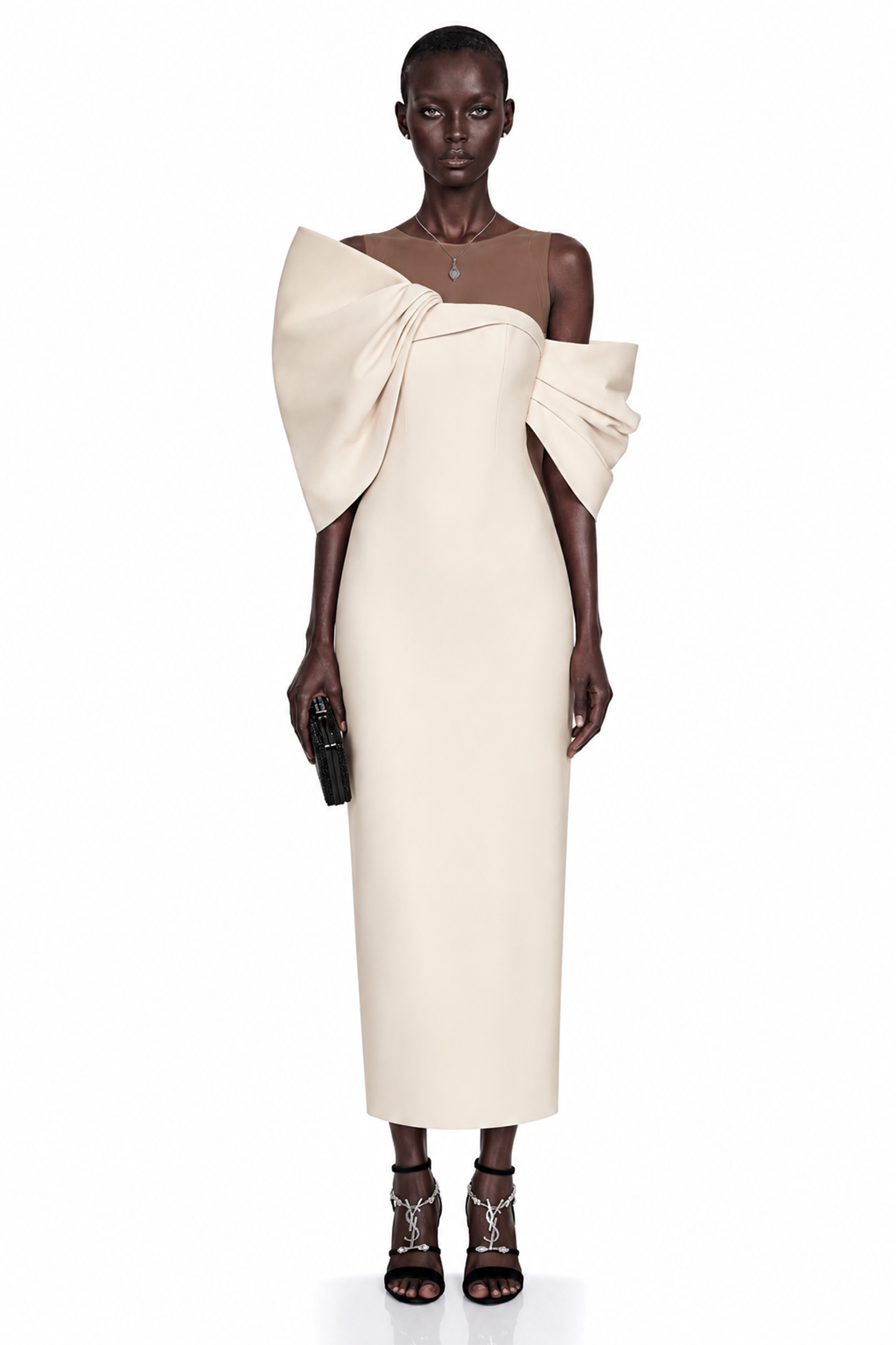 Cream midi dress with an asymmetric off-the-shoulder bow neckline and sheer illusion panel