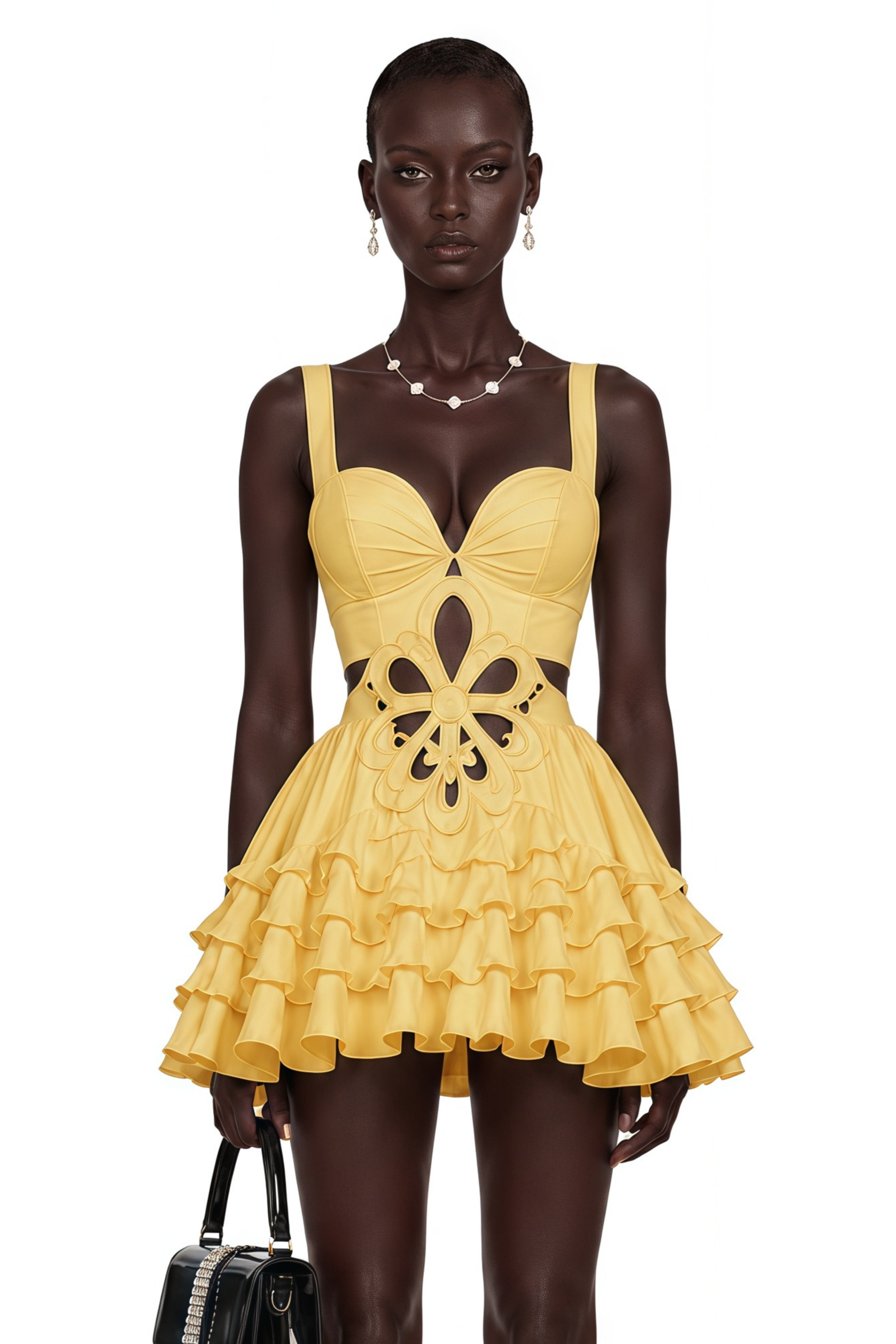 Leocadie Yellow Sleeveless Floral Cut-Out Ruffle Mini Dress
