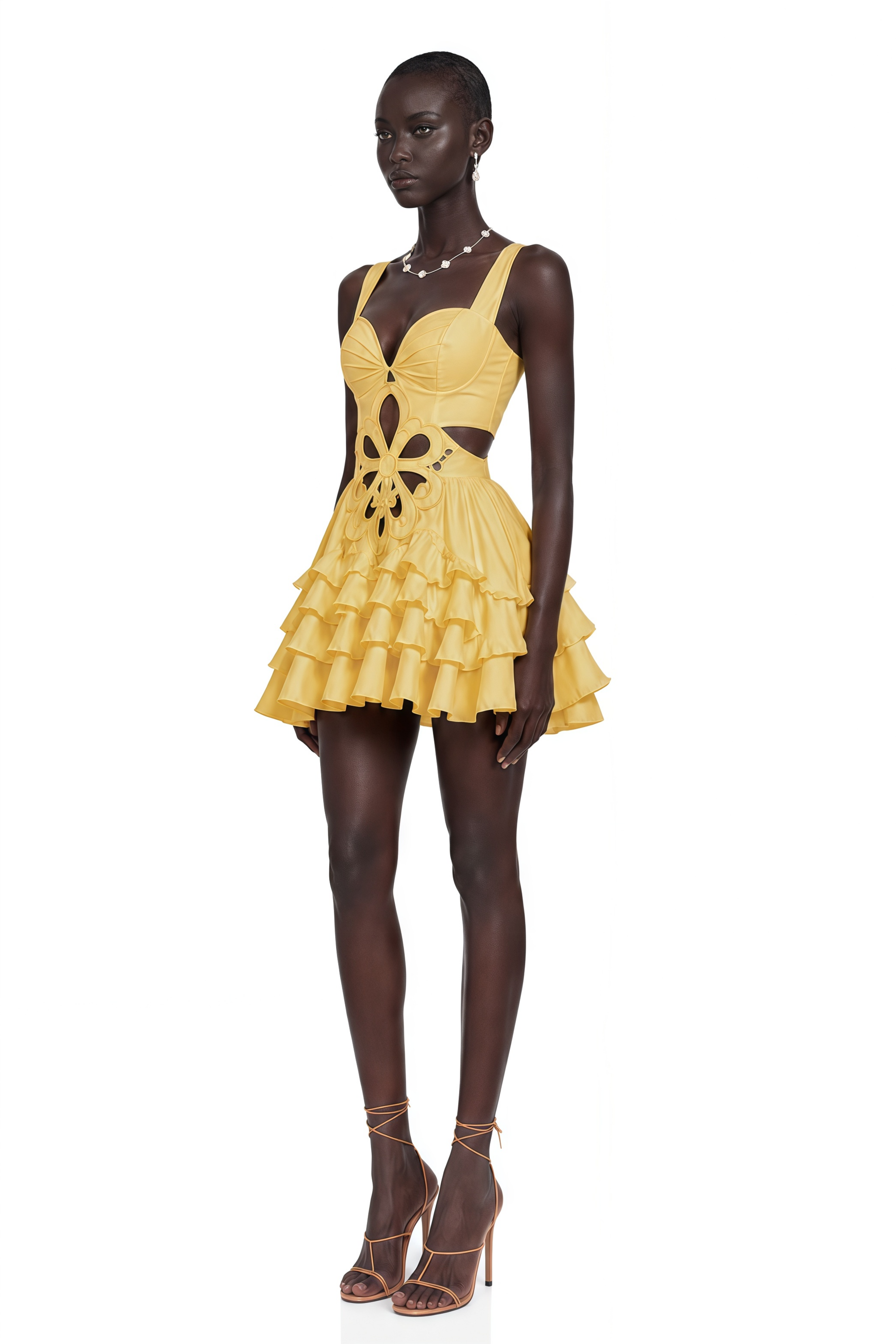 Leocadie Yellow Sleeveless Floral Cut-Out Ruffle Mini Dress