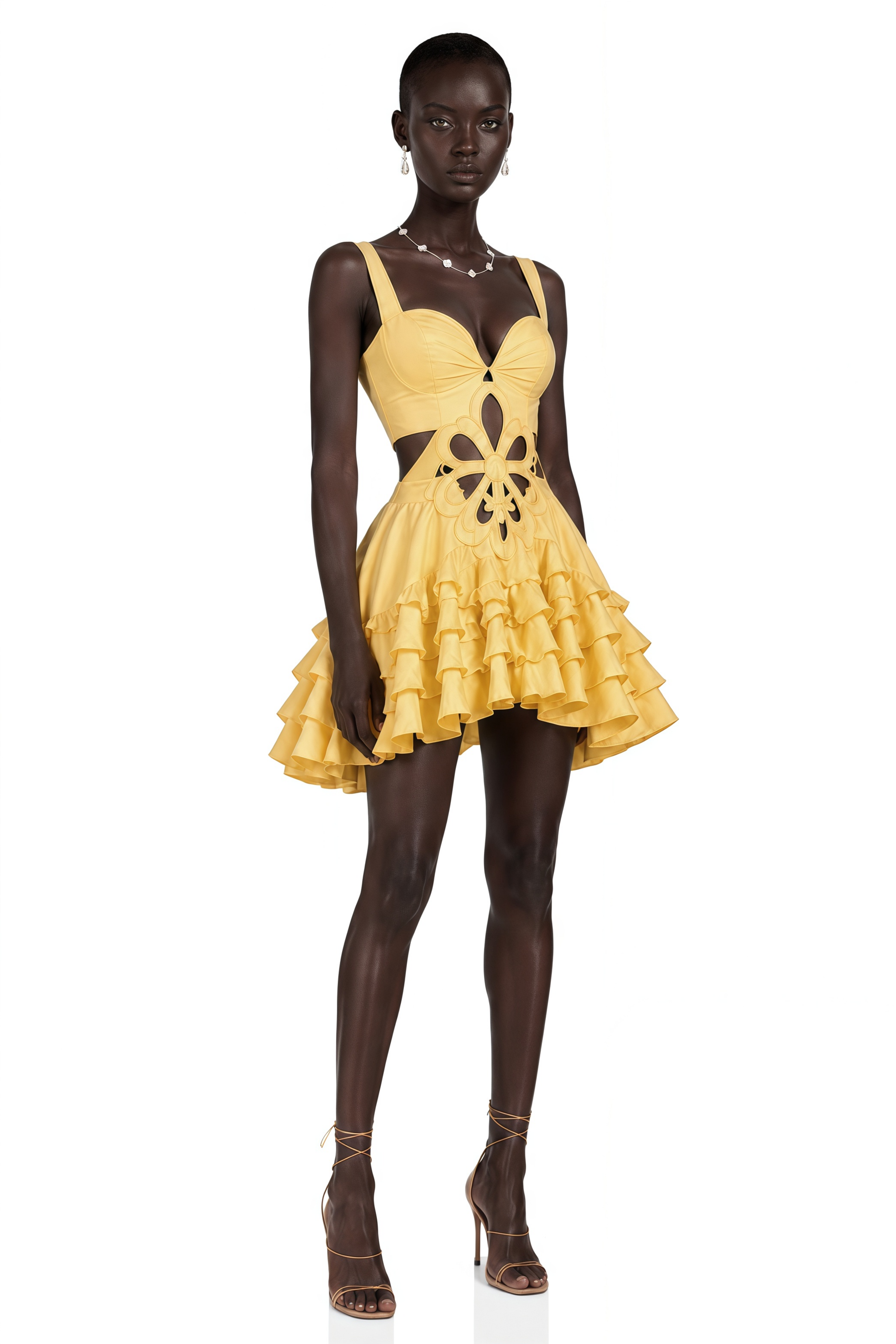 Leocadie Yellow Sleeveless Floral Cut-Out Ruffle Mini Dress