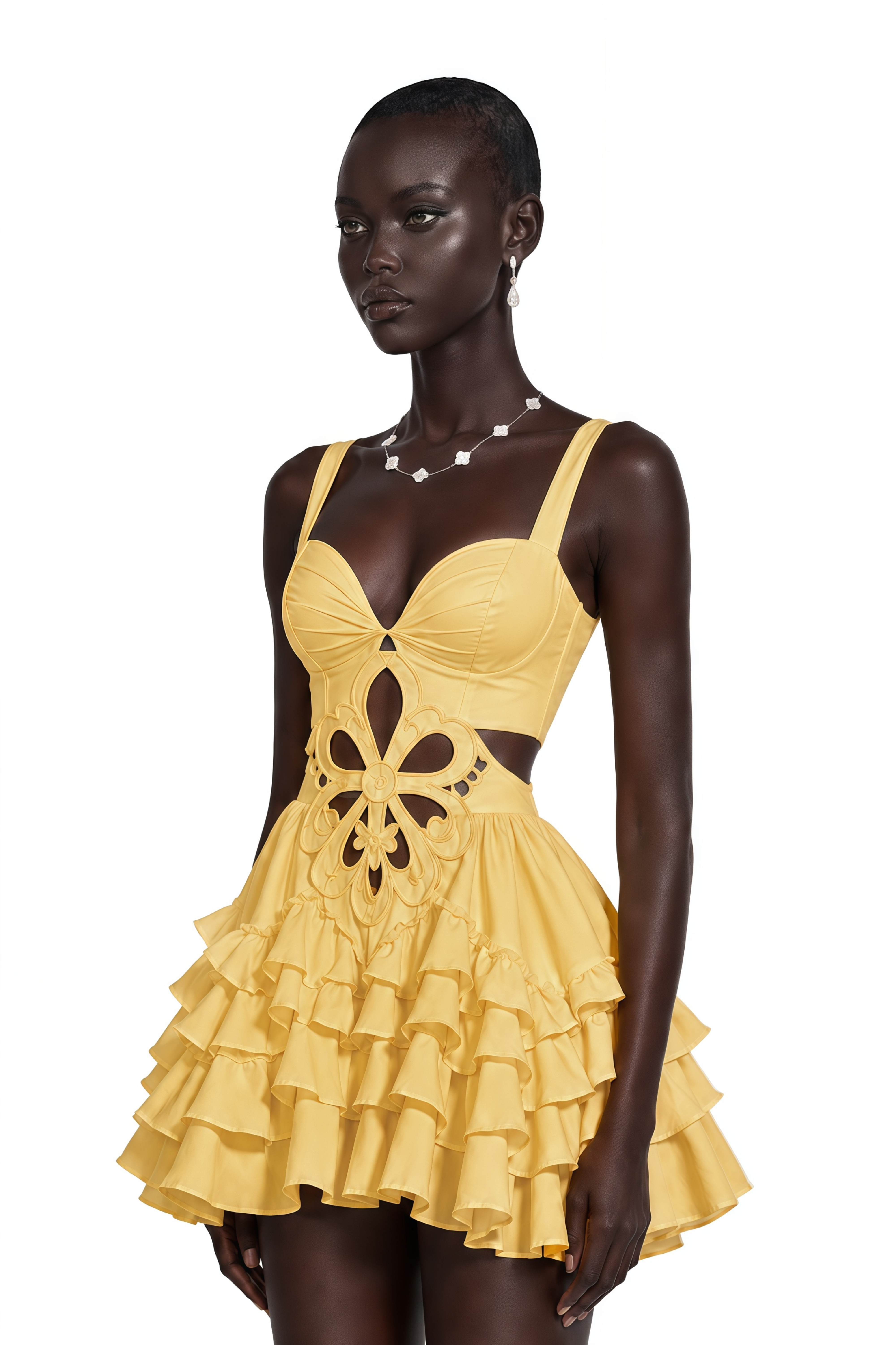 Leocadie Yellow Sleeveless Floral Cut-Out Ruffle Mini Dress