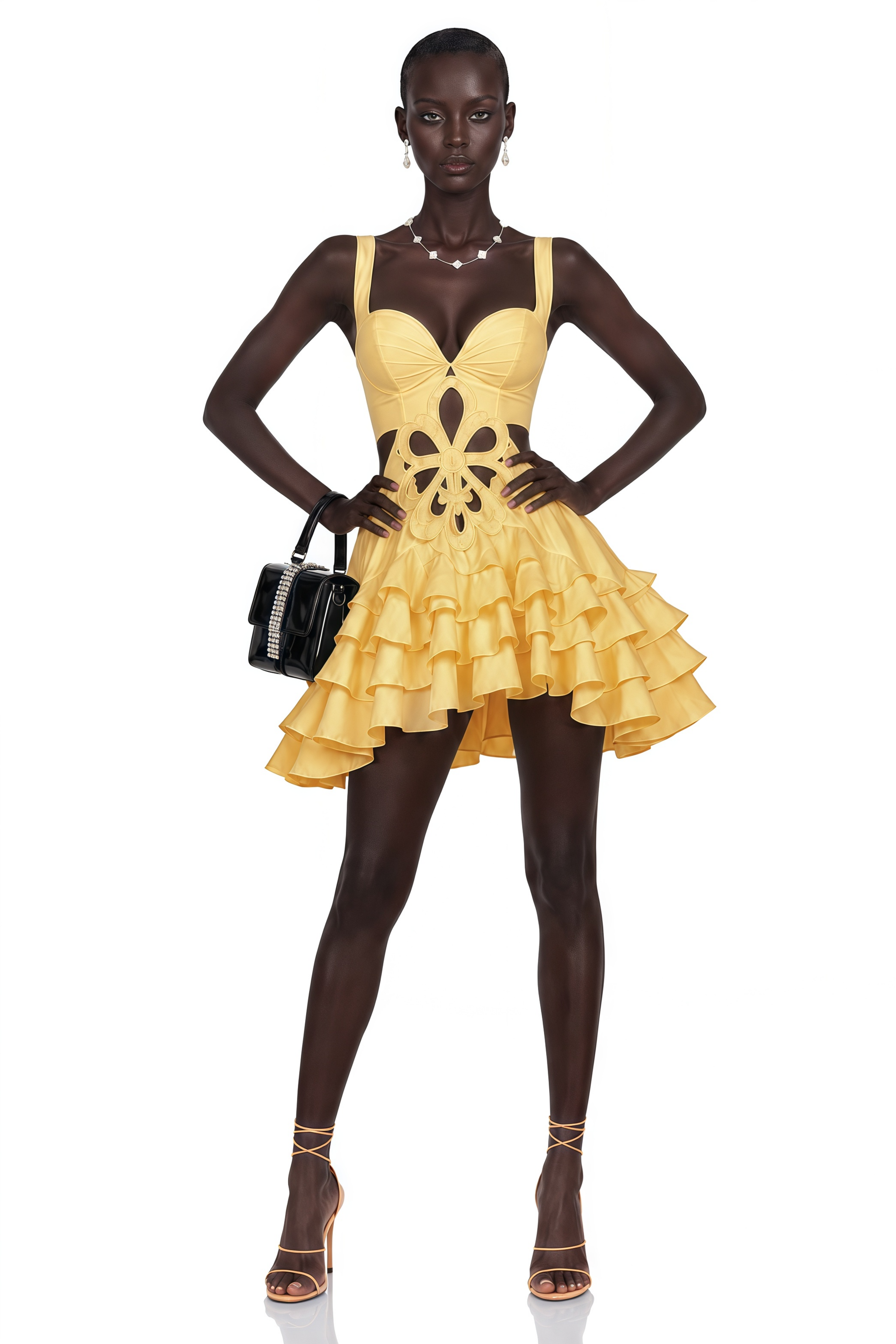 Leocadie Yellow Sleeveless Floral Cut-Out Ruffle Mini Dress