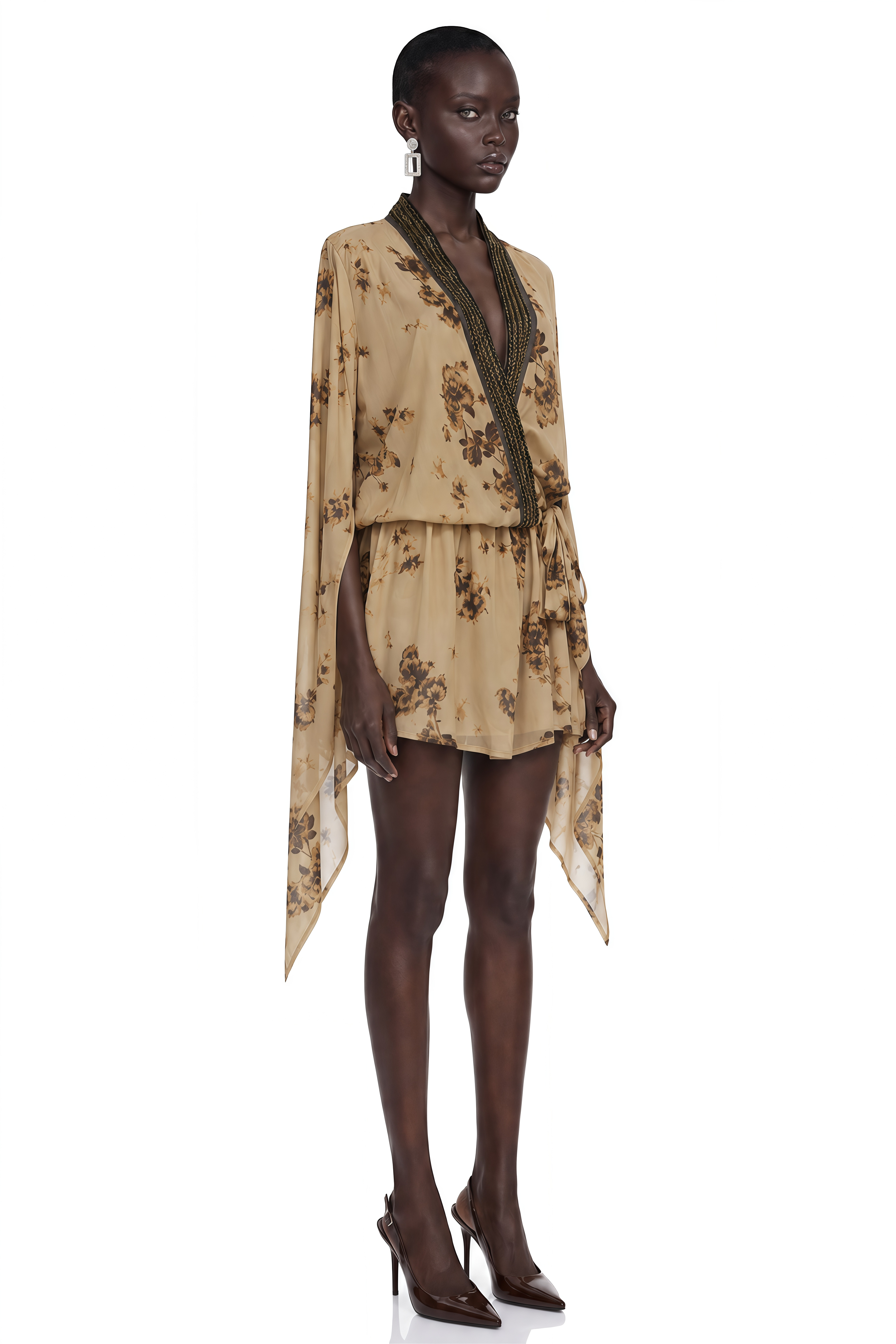Leona Yellow Floral Print Cape Sleeve Mini Dress