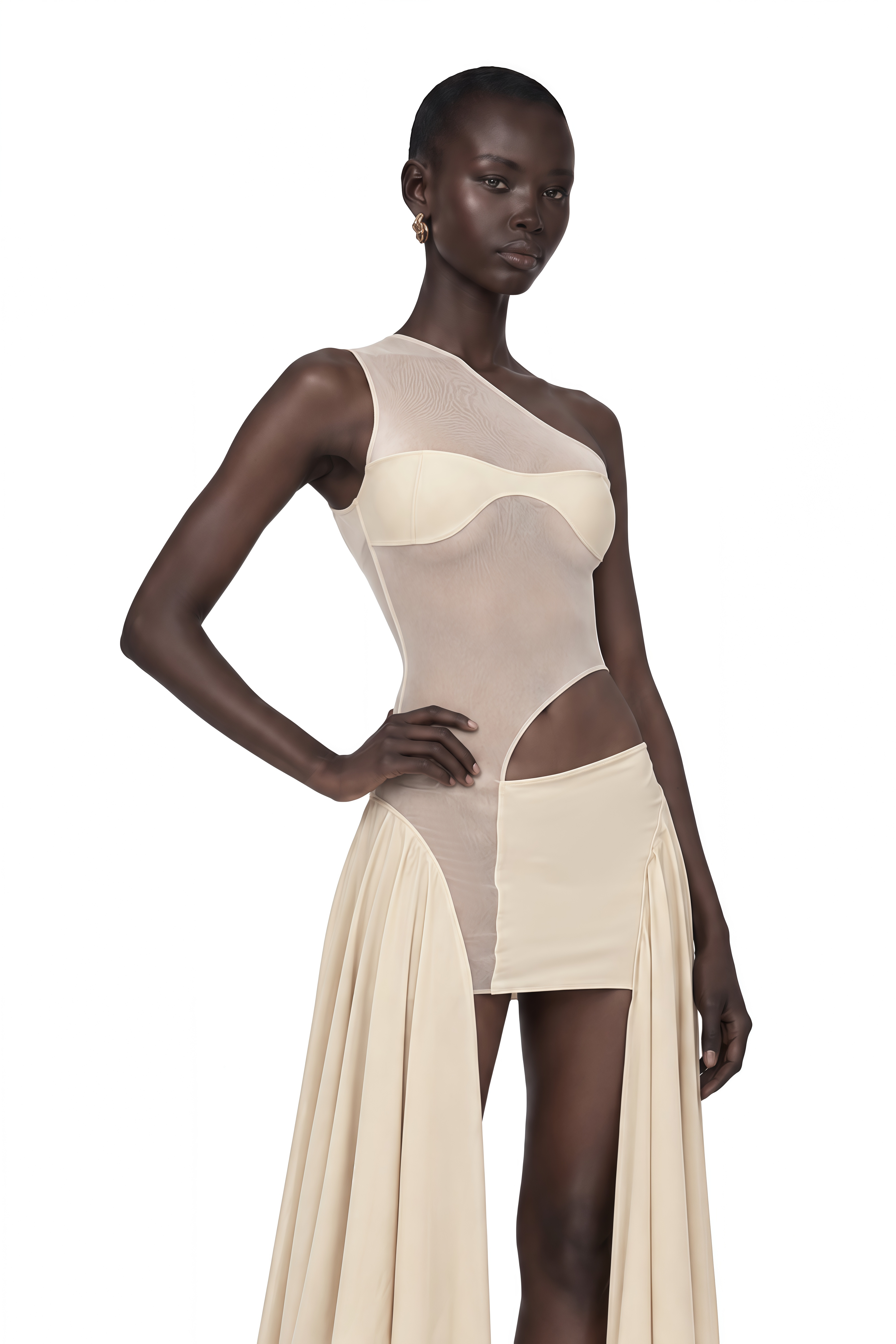 Leonie Khaki Asymmetrical Sheer Cut-Out Mini Dress