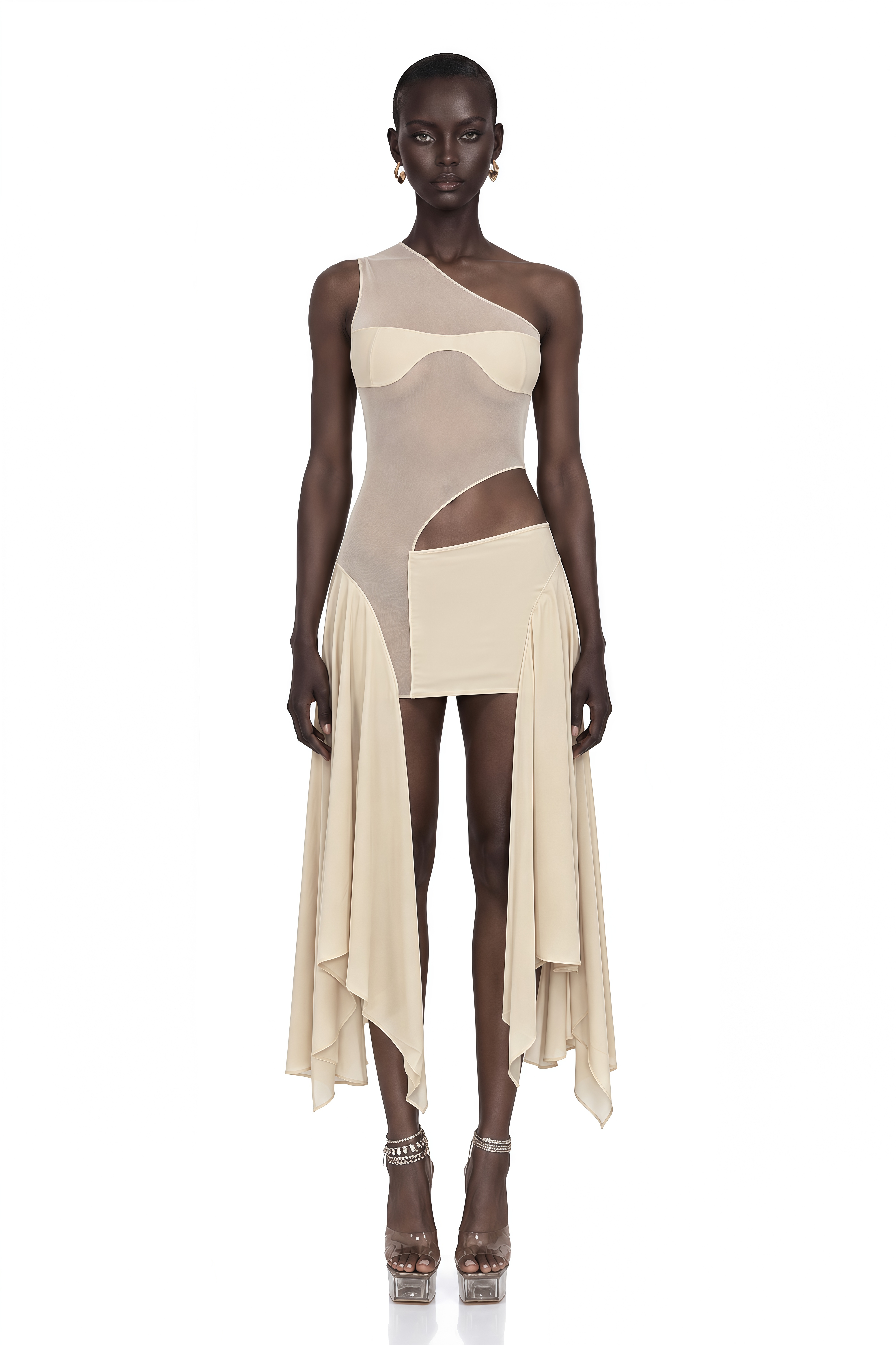 Leonie Khaki Asymmetrical Sheer Cut-Out Mini Dress