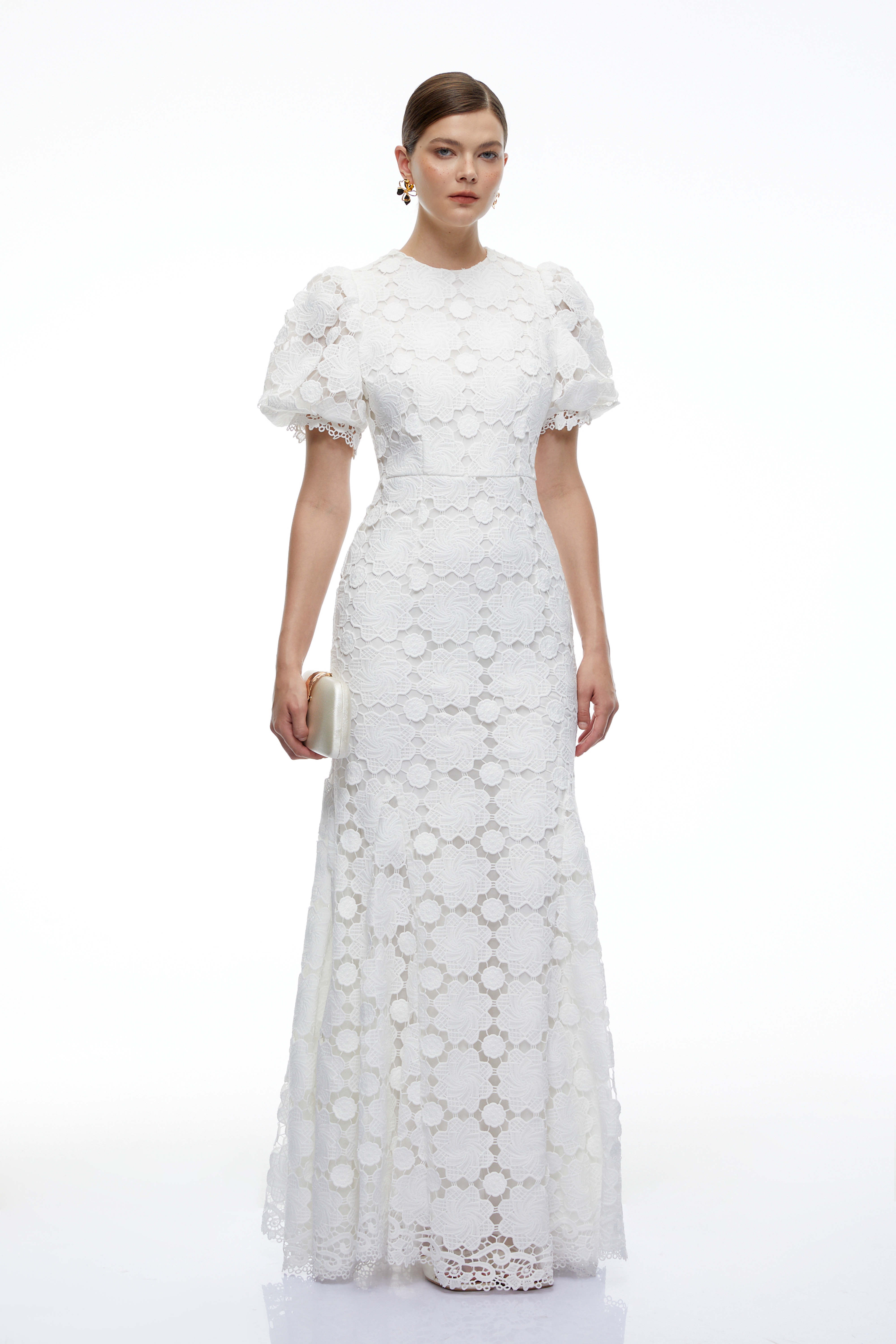 Leonie White Lace Puff Sleeve Maxi Dress