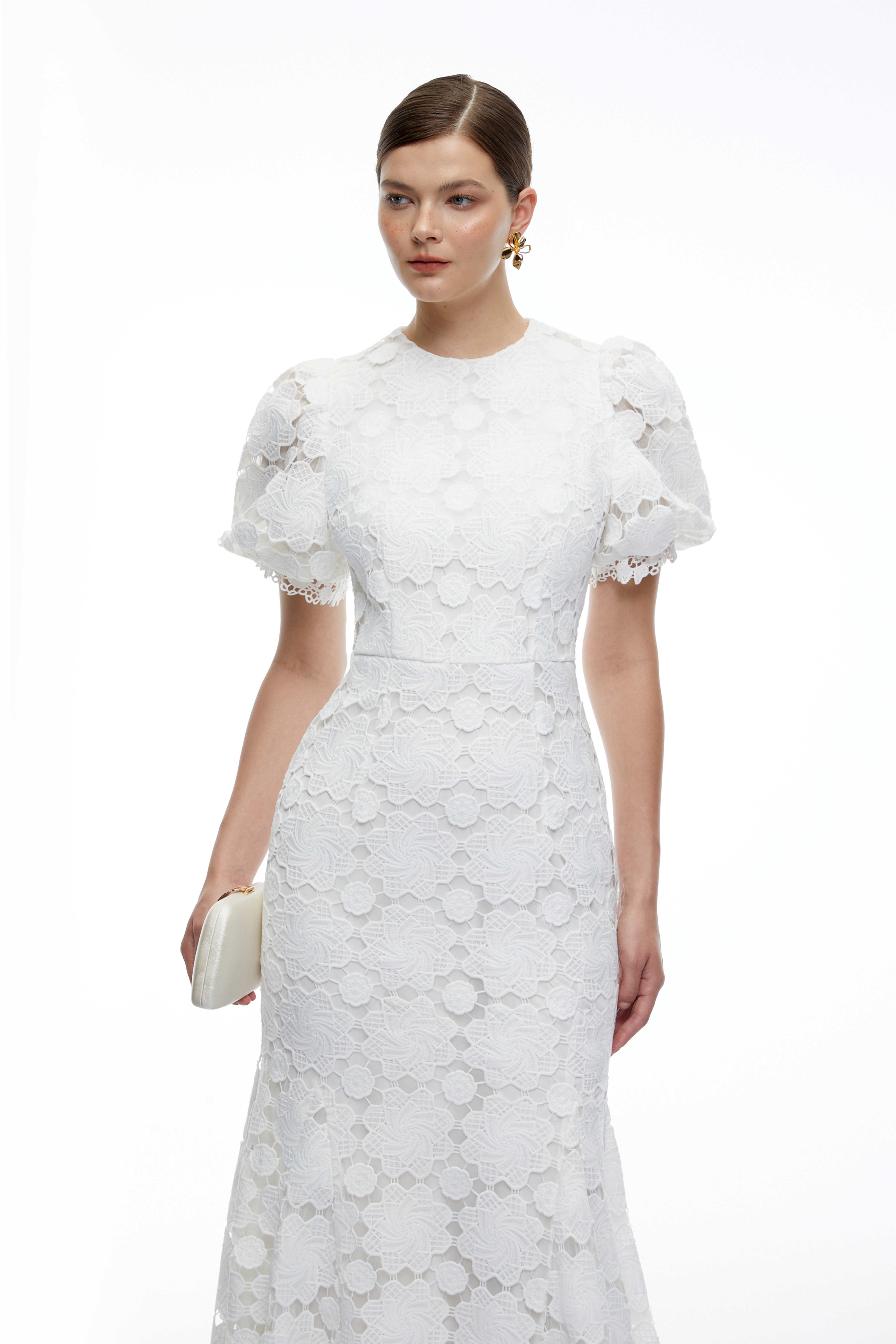 Leonie White Lace Puff Sleeve Maxi Dress
