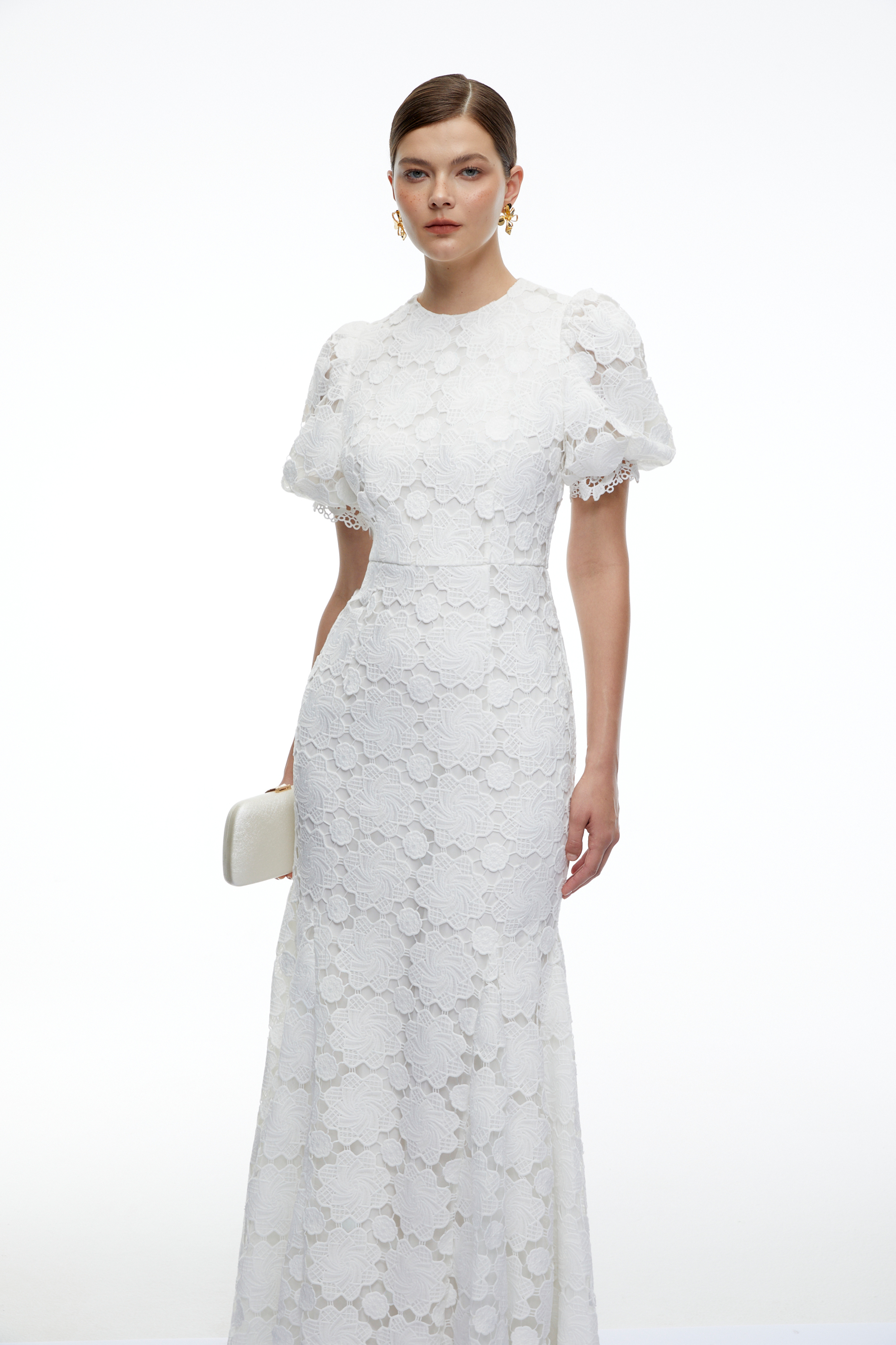 Leonie White Lace Puff Sleeve Maxi Dress
