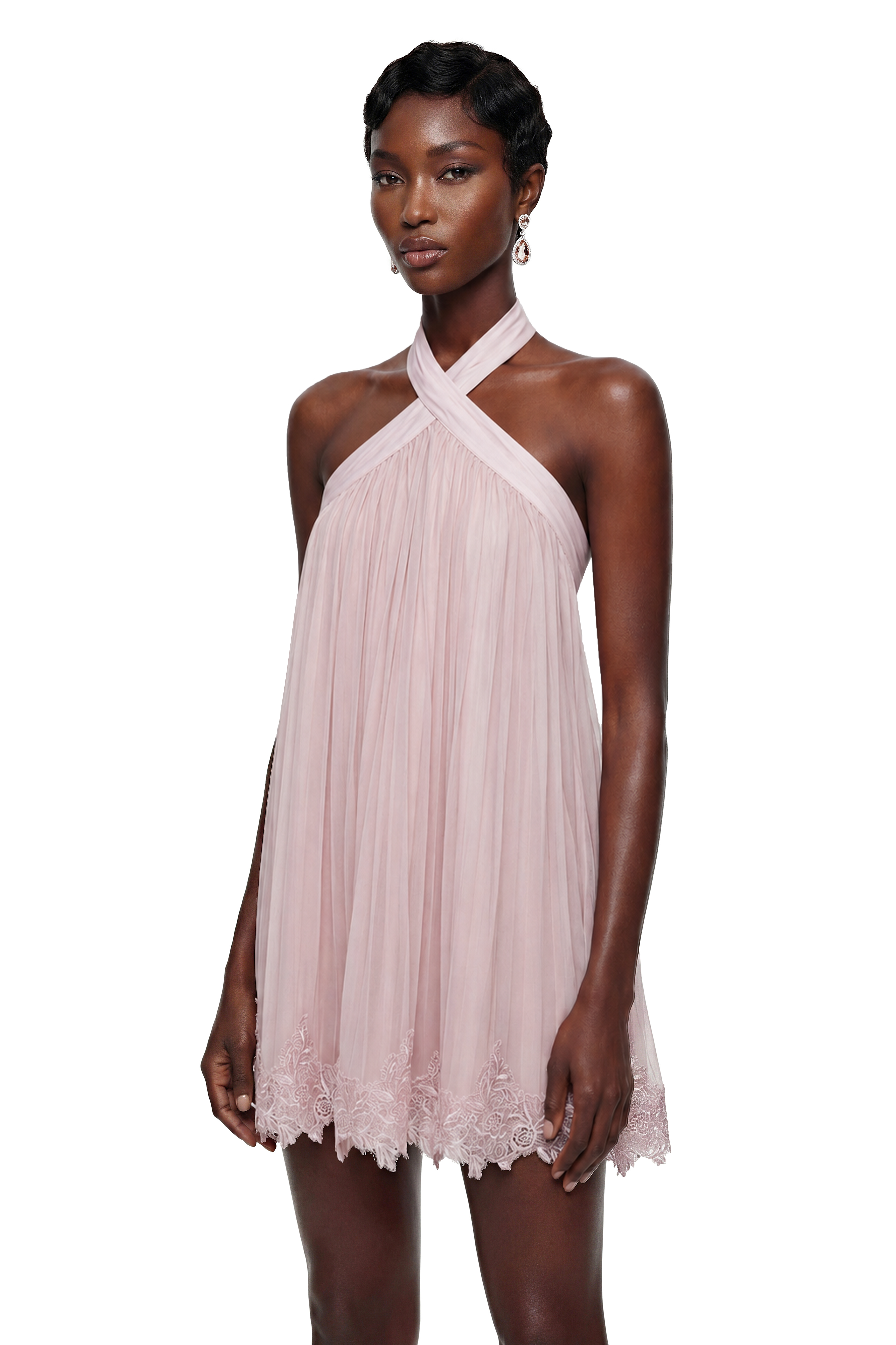 Blush pink halter-neck mini dress with pleated tulle and lace trim