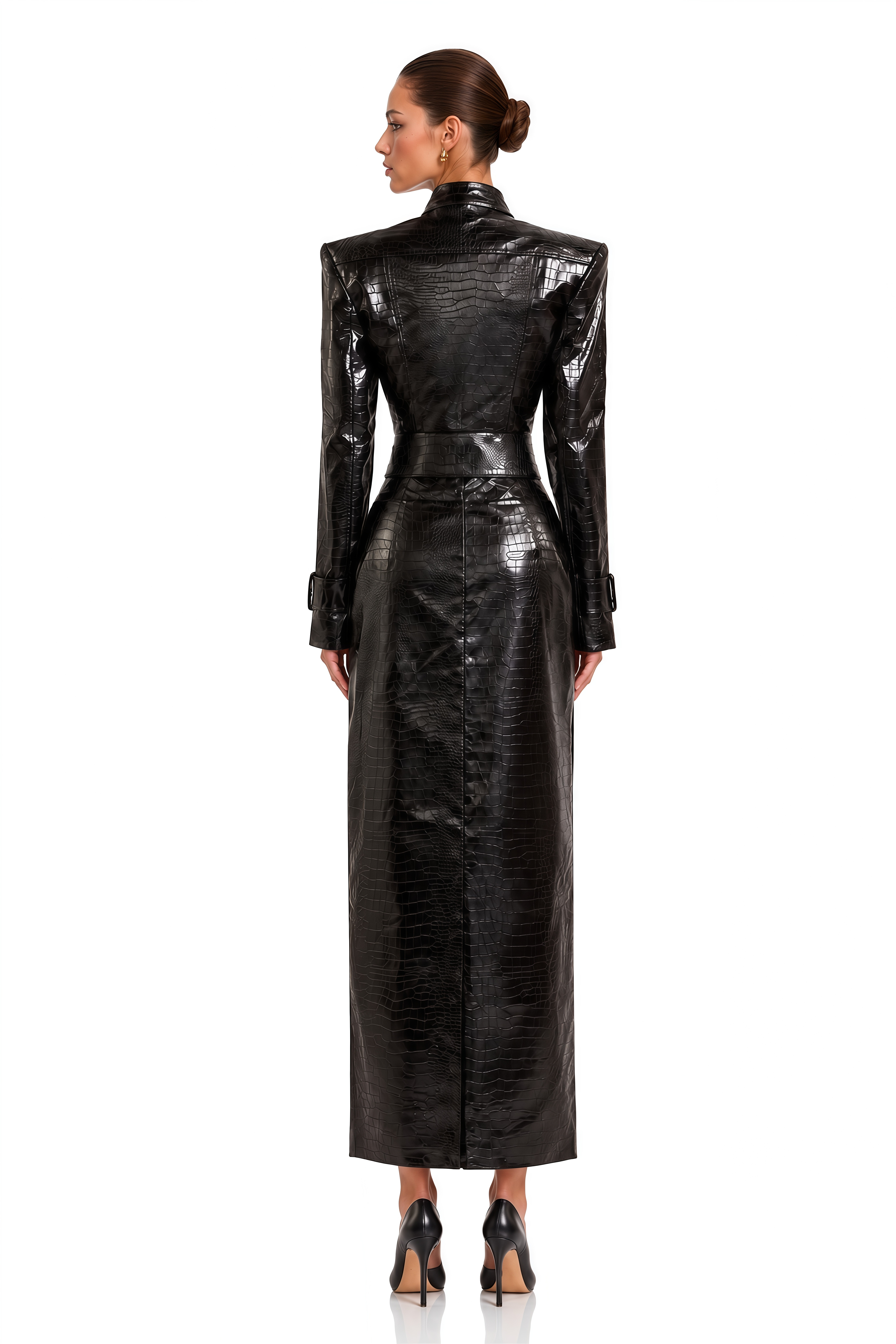 Leonora Black Croc Embossed Jacket & Slit Maxi Skirt Set