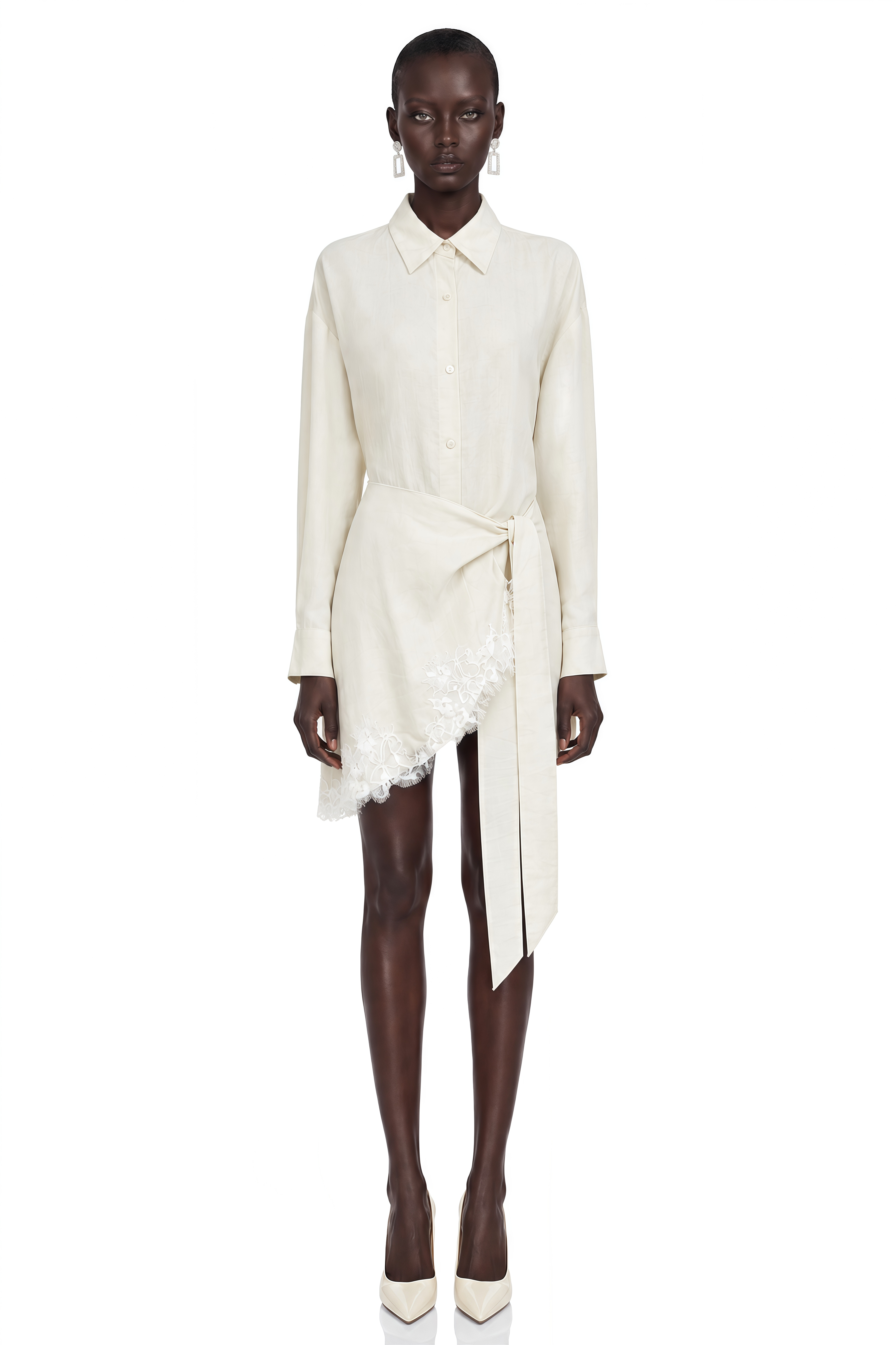 Leyla Neutral Lace Shirt & Self-Tie Skirt Set