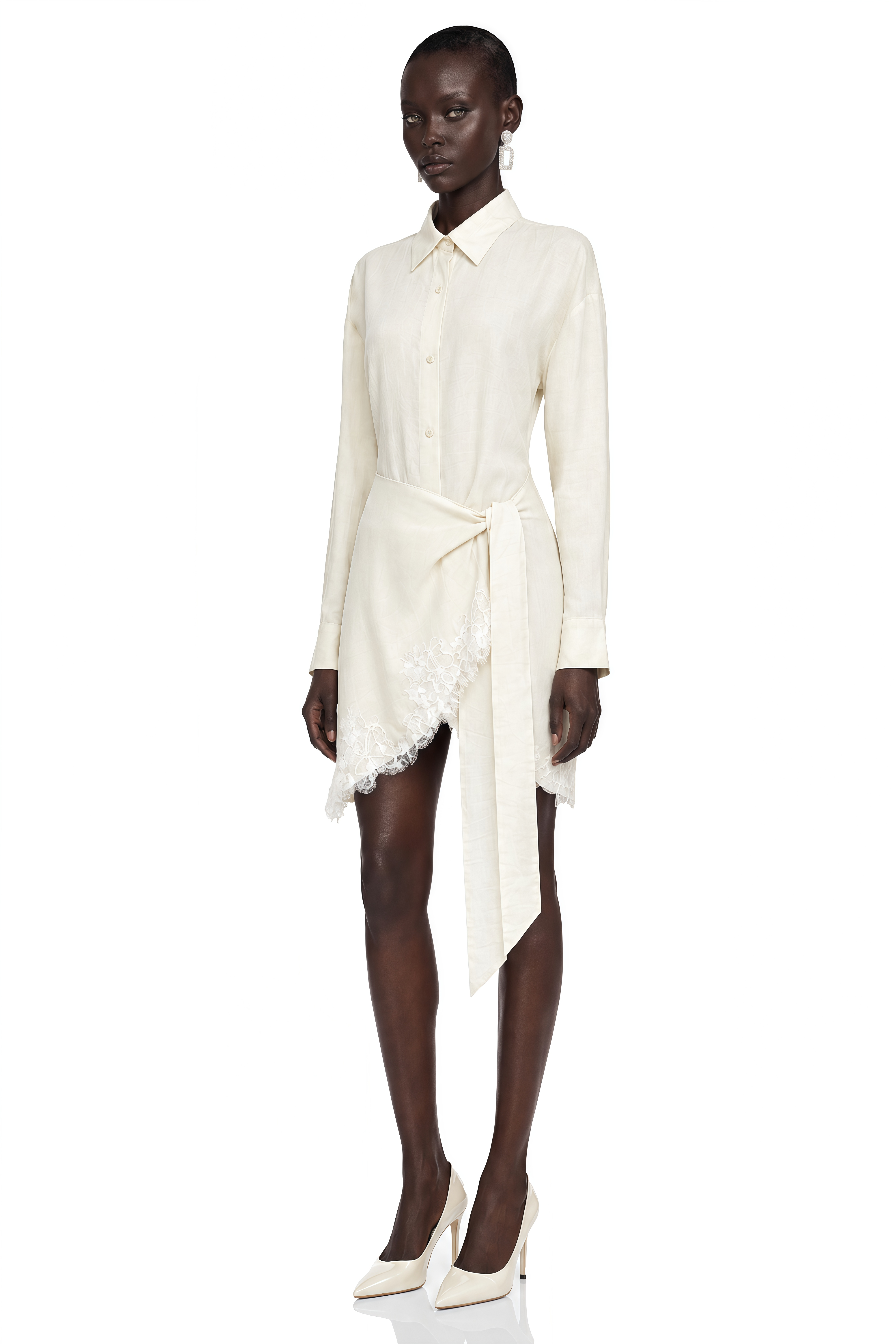 Leyla Neutral Lace Shirt & Self-Tie Skirt Set