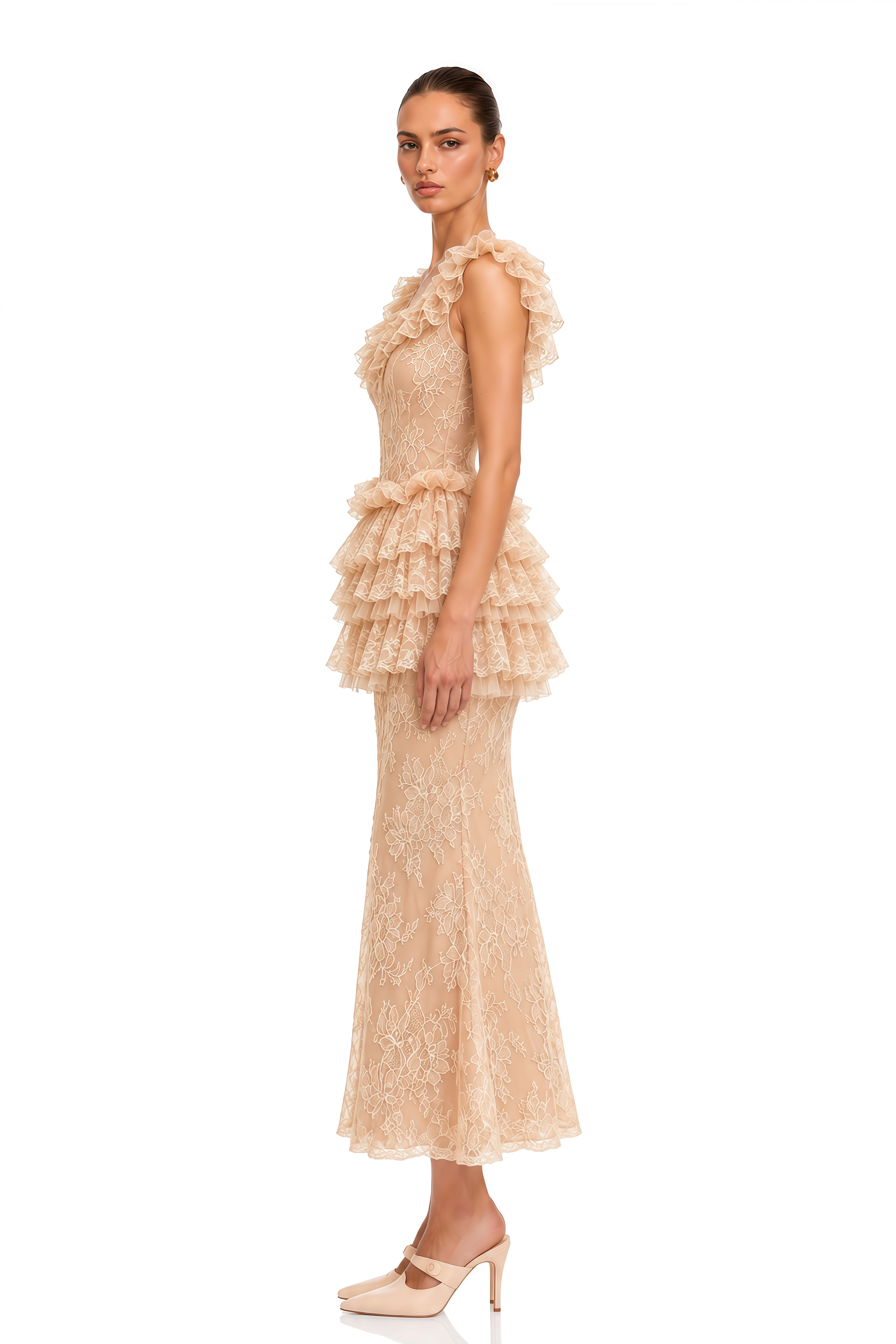 Libbie Neutral Lace Tiered Peplum Top & Midi Skirt Set