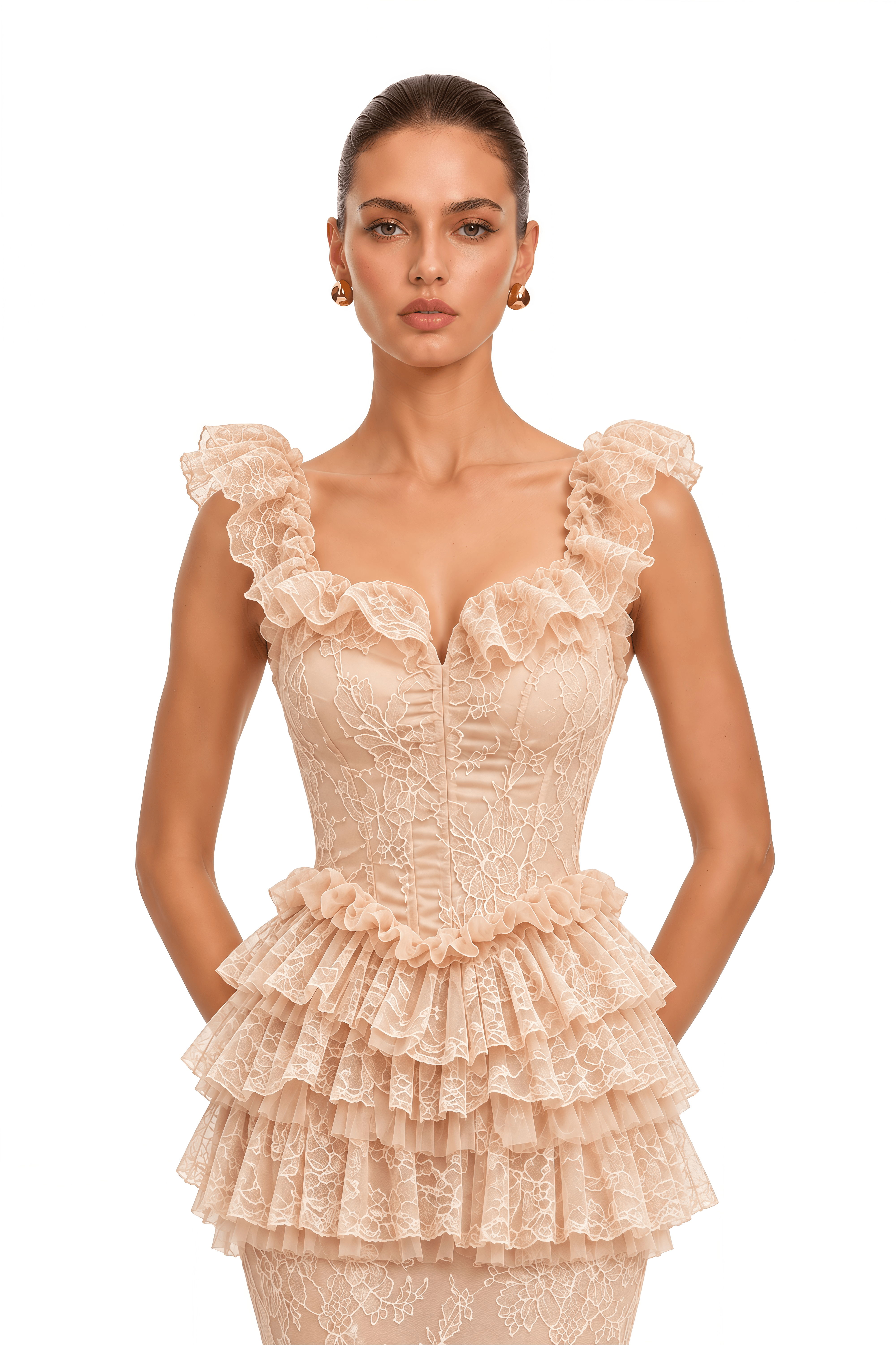 Libbie Neutral Lace Tiered Peplum Top & Midi Skirt Set