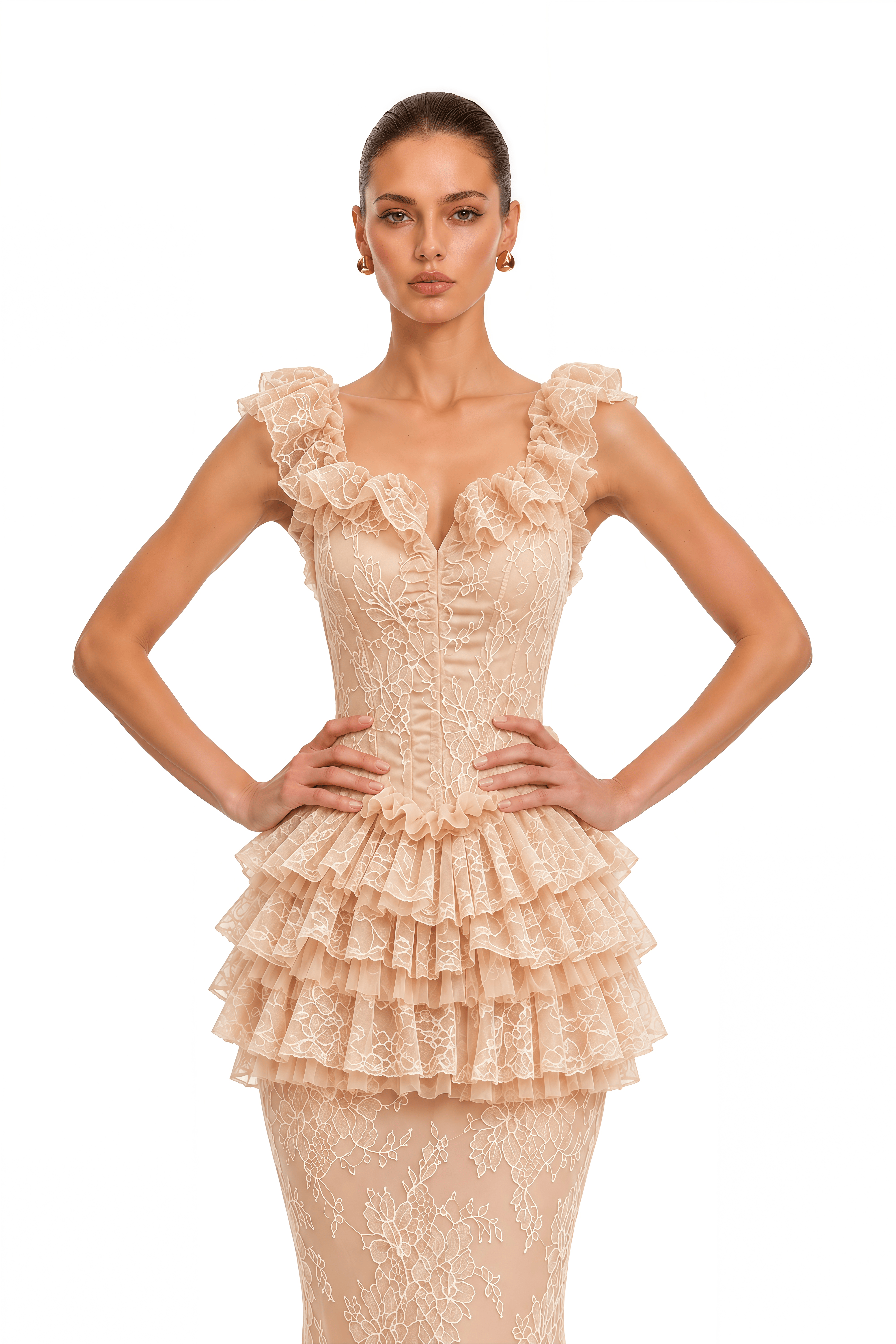 Libbie Neutral Lace Tiered Peplum Top & Midi Skirt Set