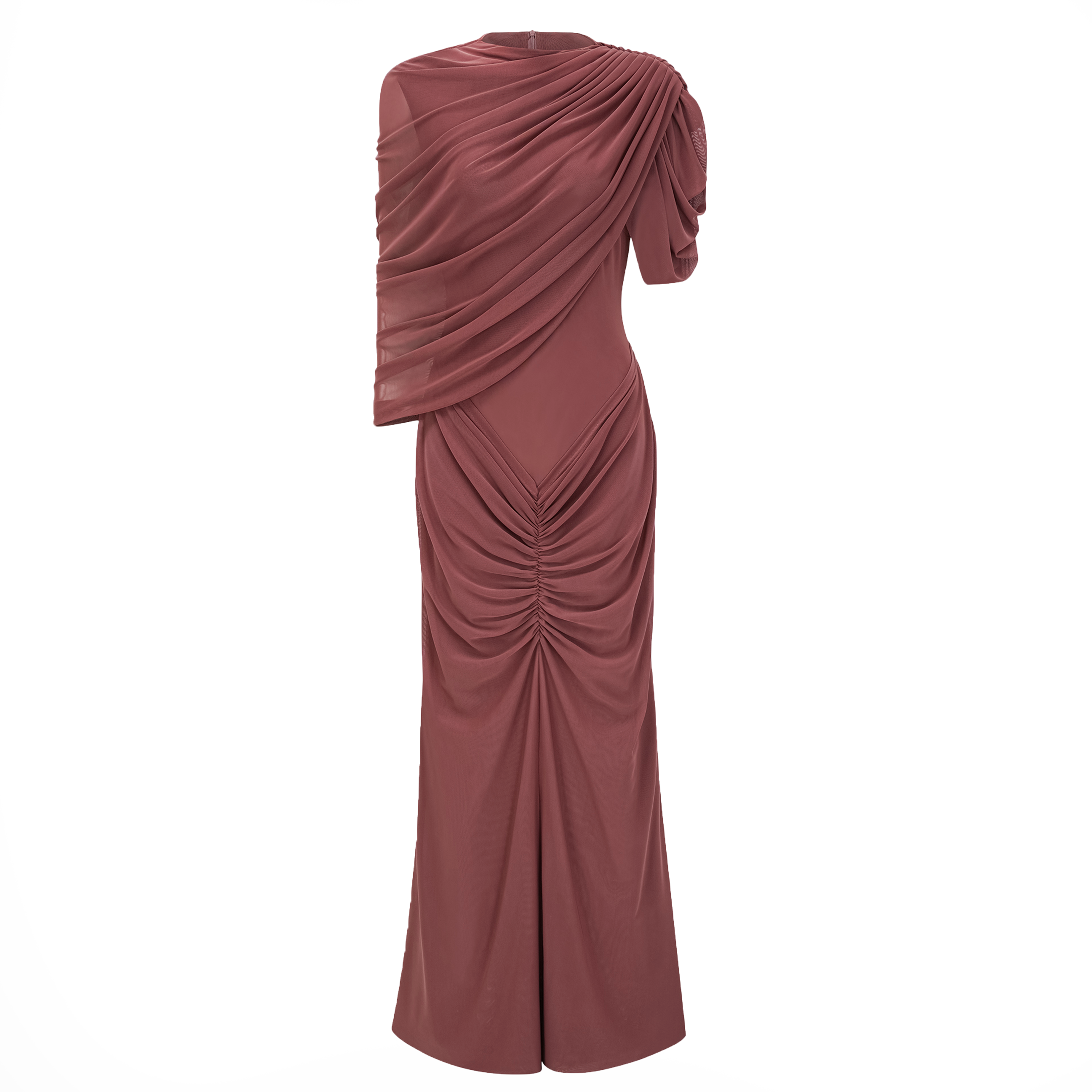 Dusty rose draped one-shoulder gown with center ruching