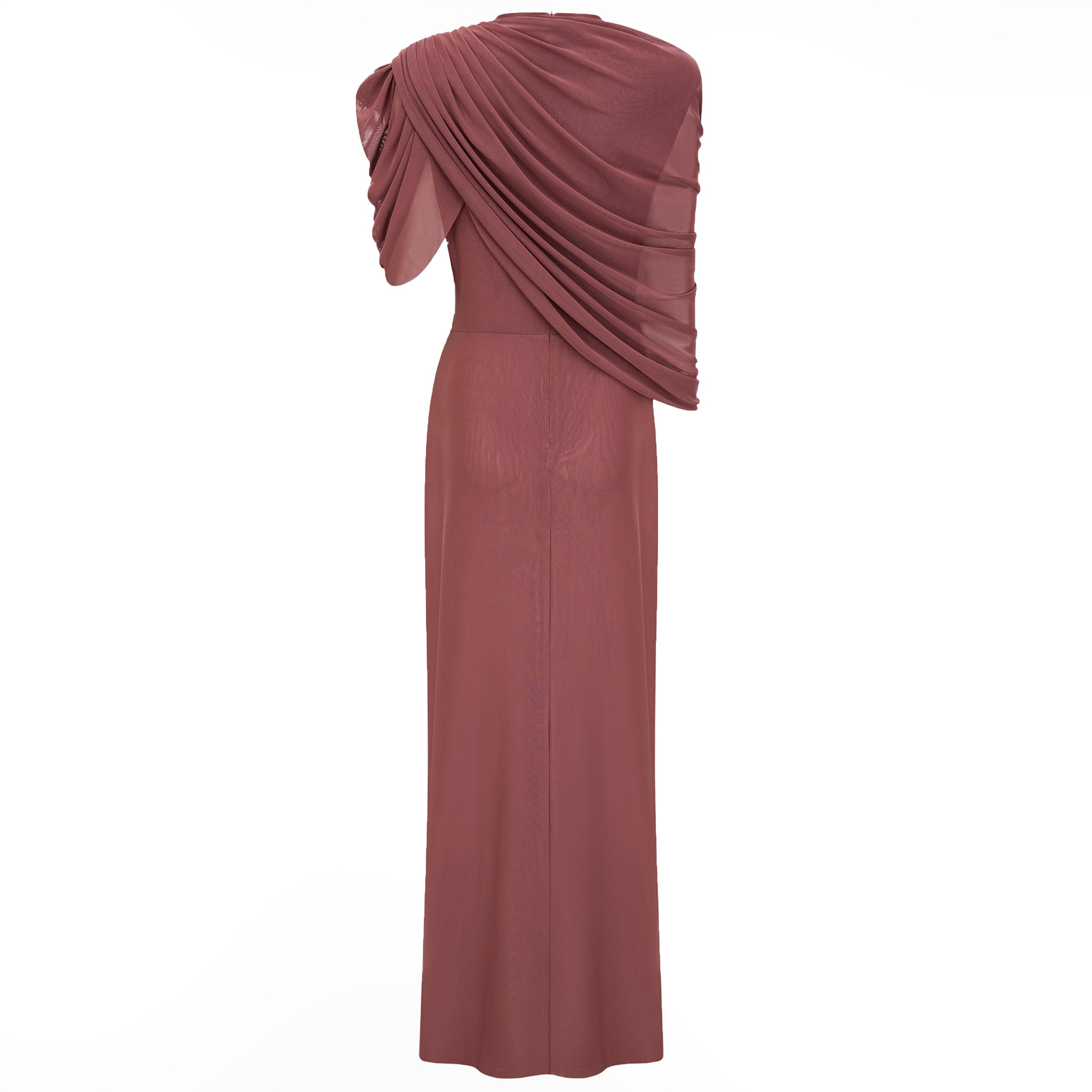 Dusty rose draped one-shoulder gown with center ruching