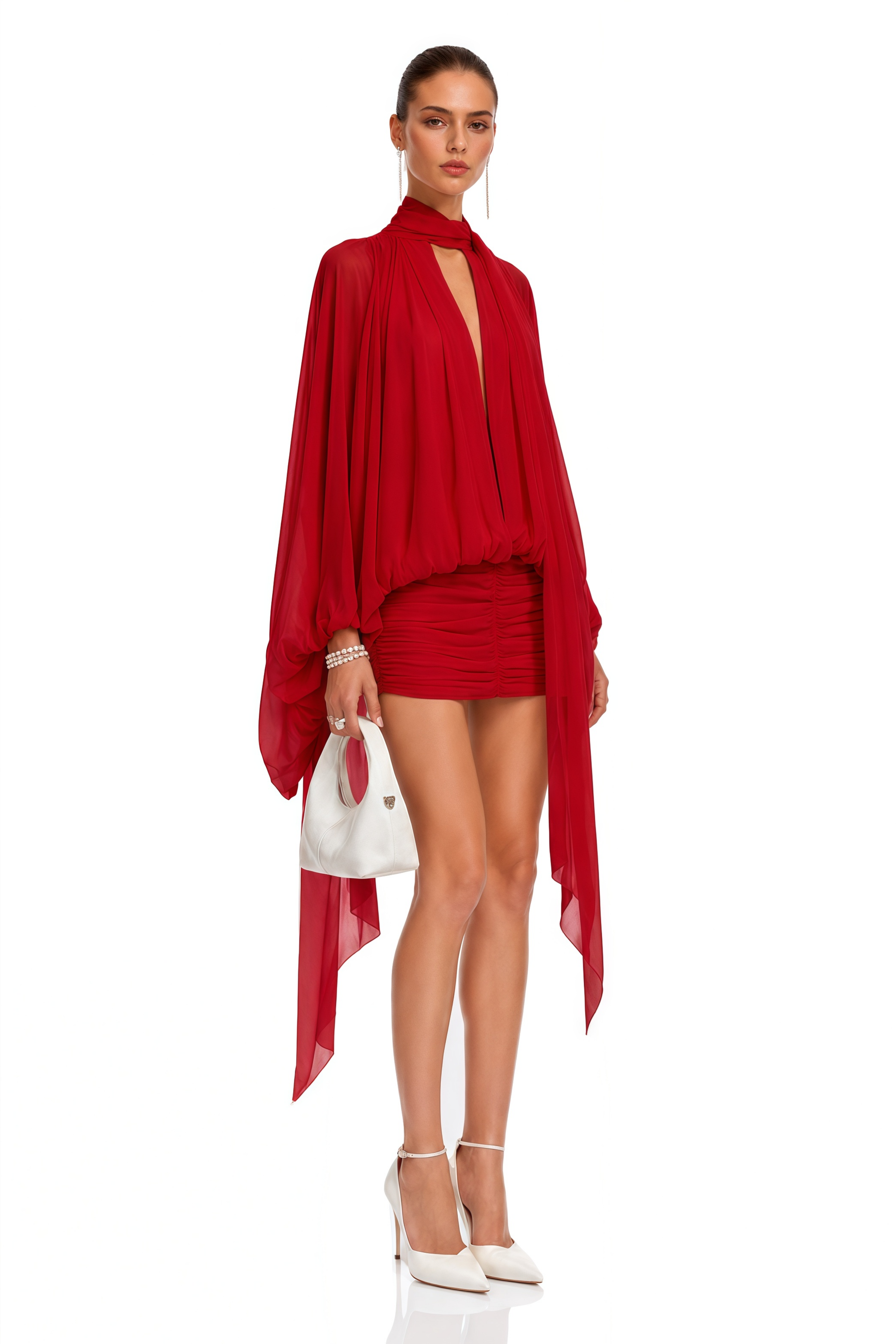 Liliane Red Draped Cape Sleeve Mini Dress