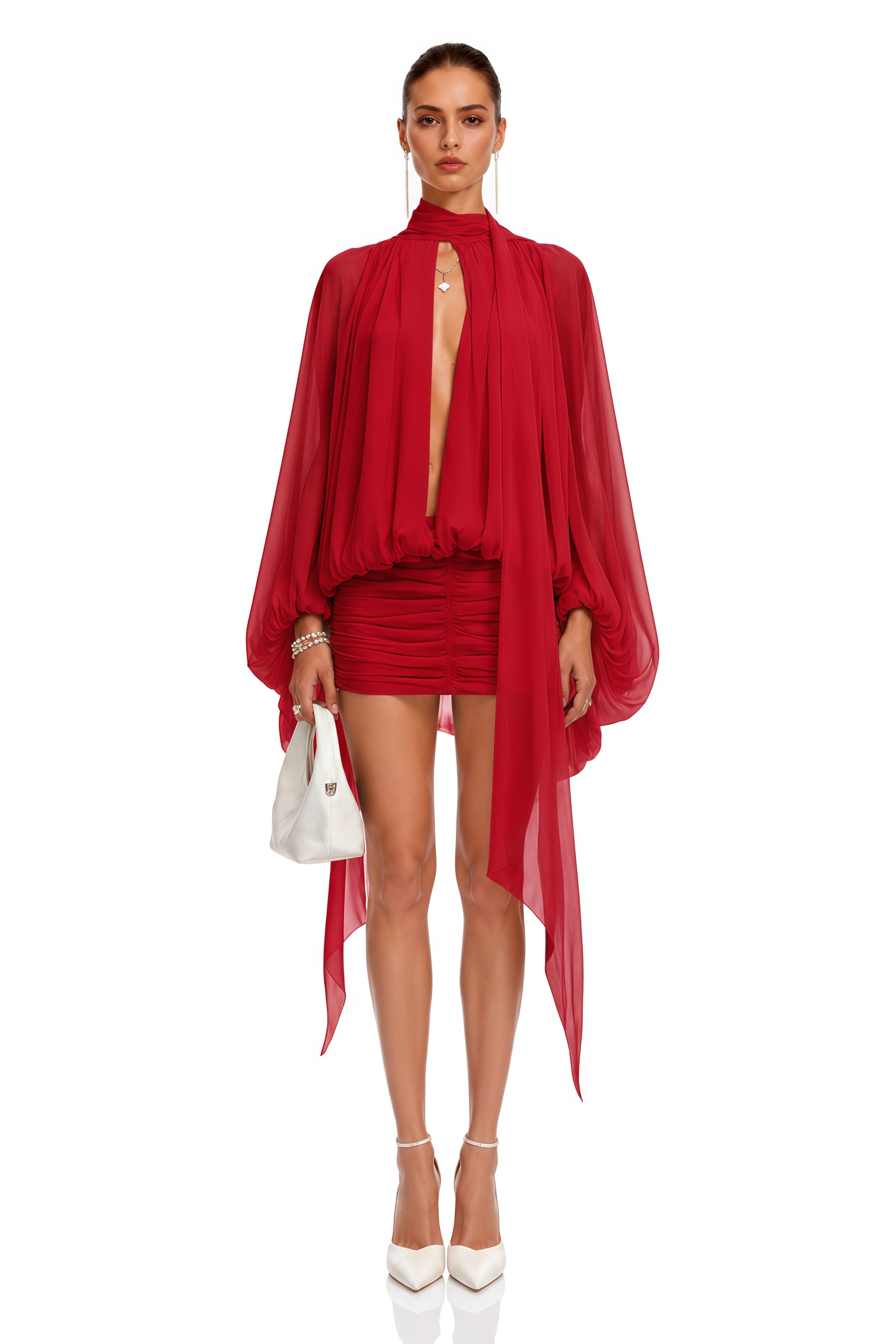 Liliane Red Draped Cape Sleeve Mini Dress