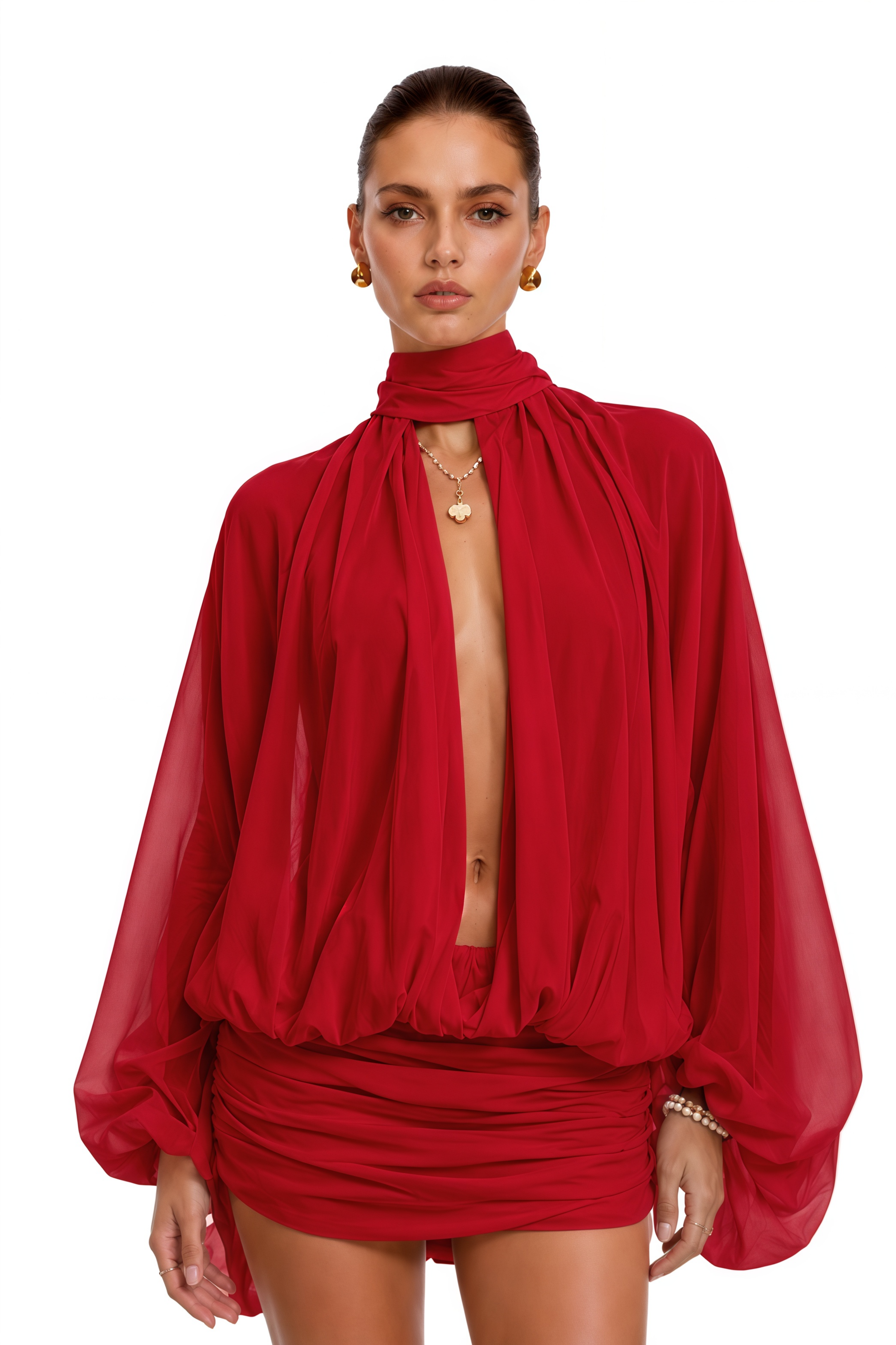 Liliane Red Draped Cape Sleeve Mini Dress