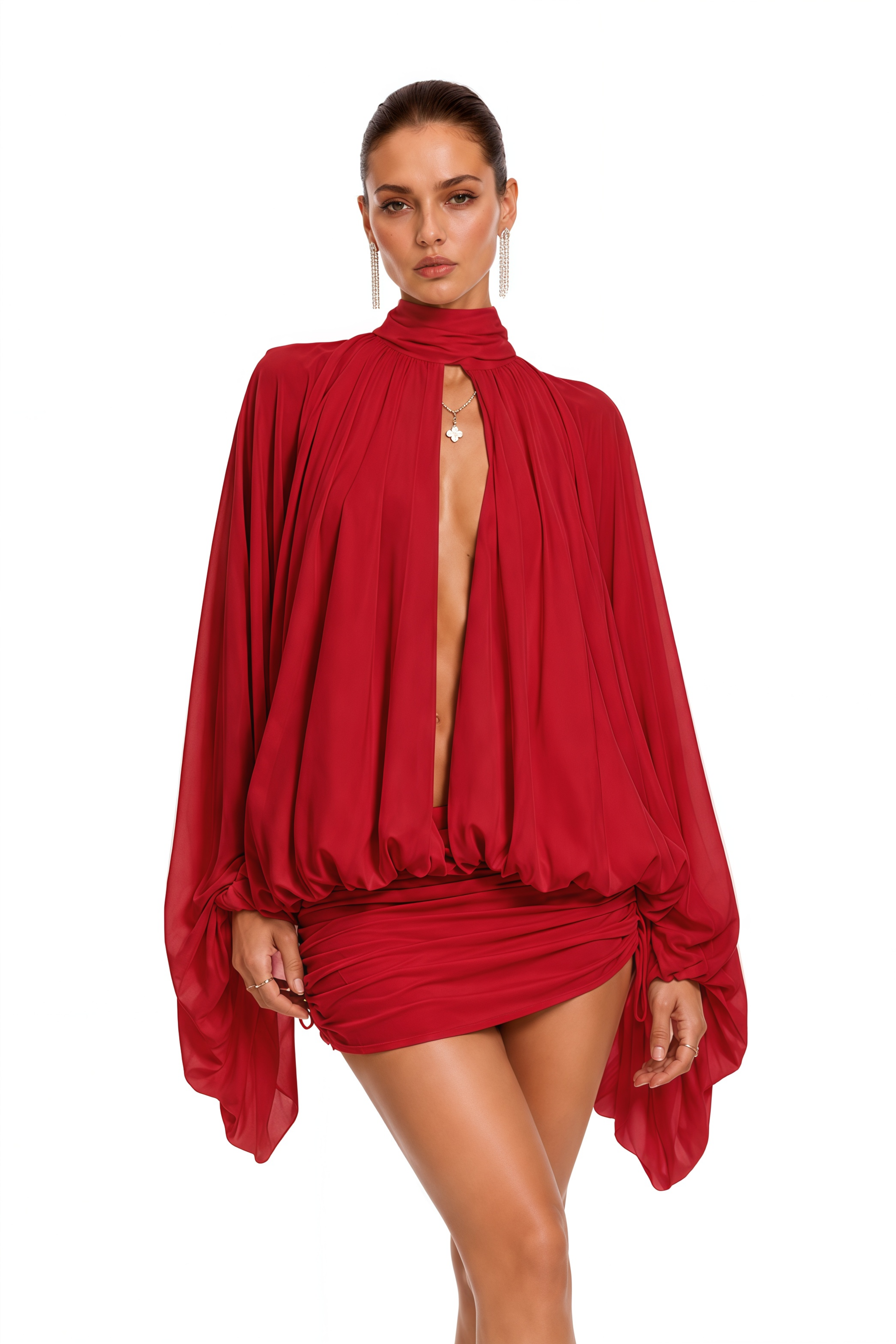 Liliane Red Draped Cape Sleeve Mini Dress