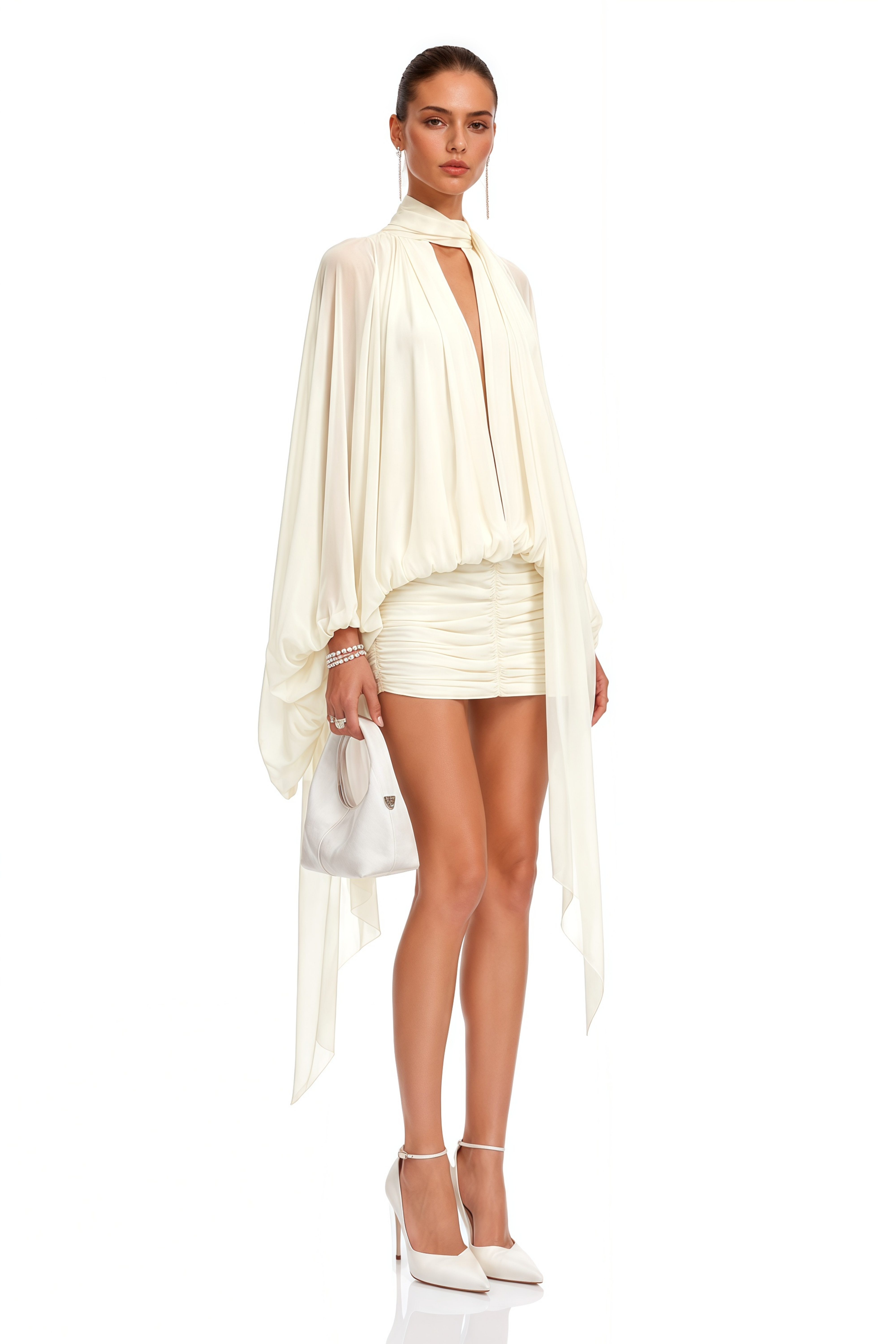 Liliane White Draped Cape Sleeve Mini Dress