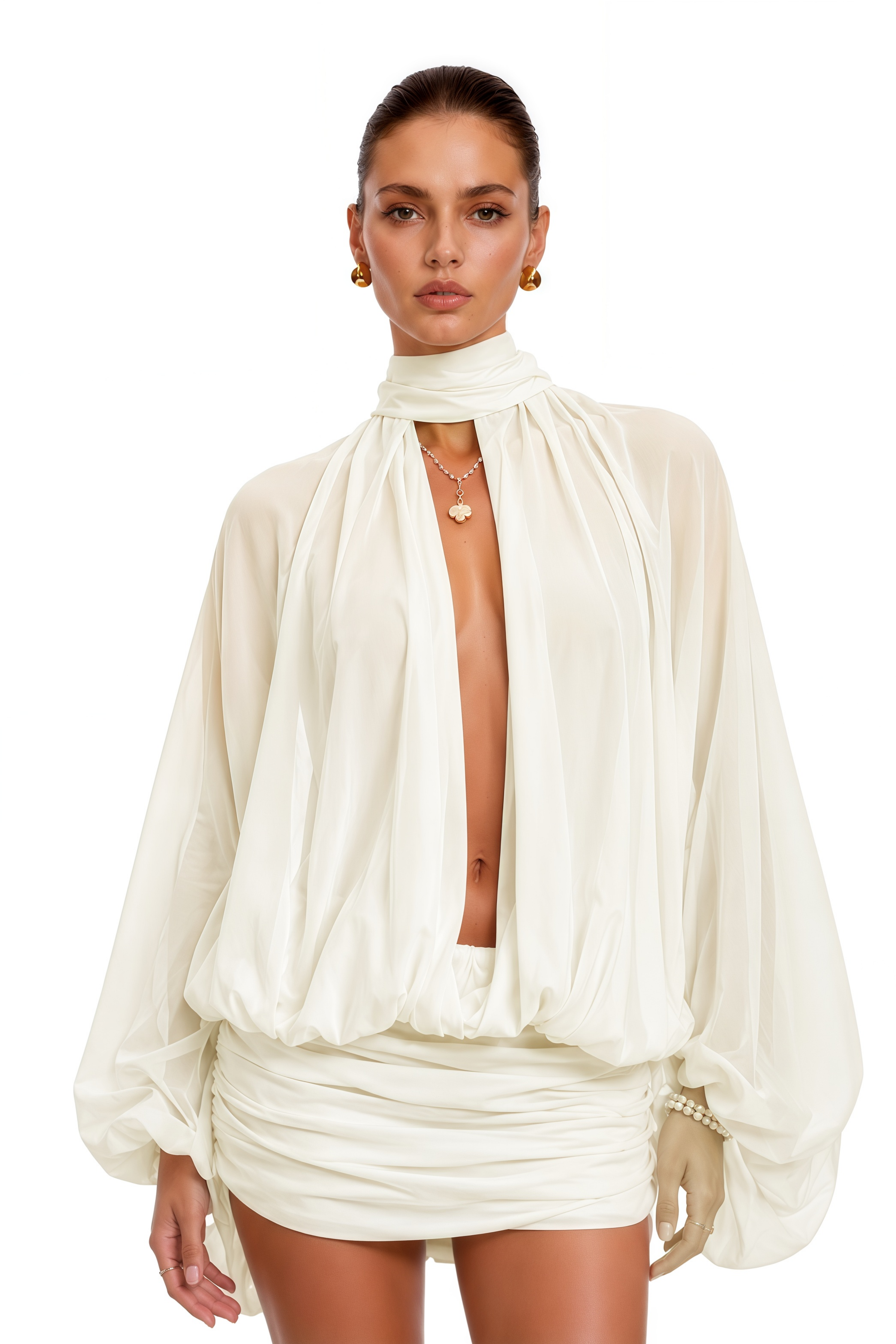 Liliane White Draped Cape Sleeve Mini Dress