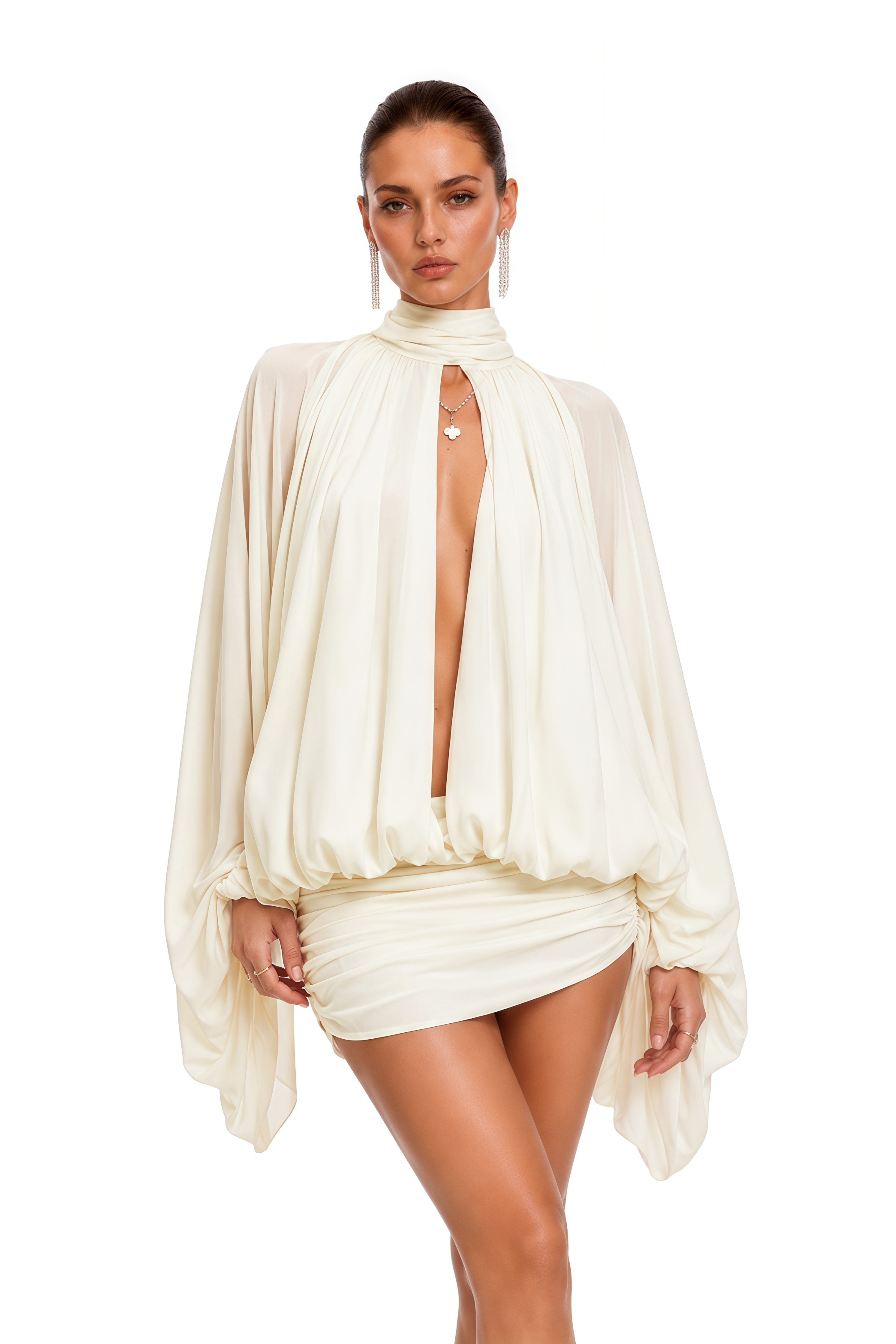 Liliane White Draped Cape Sleeve Mini Dress